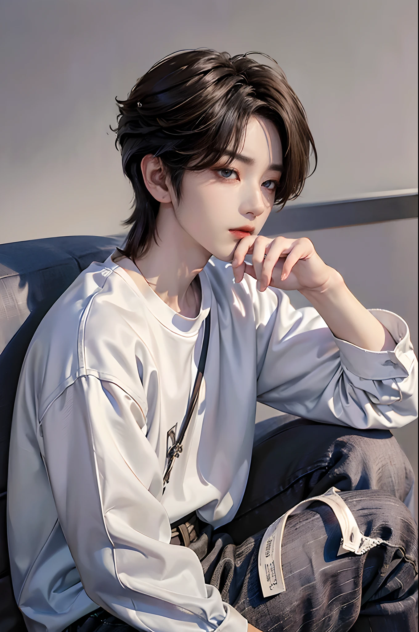 masterpiece、(top-quality)、((high-level image quality))、One Manly Boy、Slim body、((White Y-shirt and long black pants))、(Detailed beautiful eyes)、September Night Road、sitting on a curb、Face similar to Chaewon in Ruseraphim、((short hair above the ears))、((Smaller face))、((Neutral face))、((Light brown eyes))、((Korean boy))、((18year old))、((Handsome man))、((Wild look))、((Korean Makeup))、((elongated and sharp eyes))、((Sit next to the viewer))、((shot from a side angle))、((The upper part of the body))、((Close-range shooting))