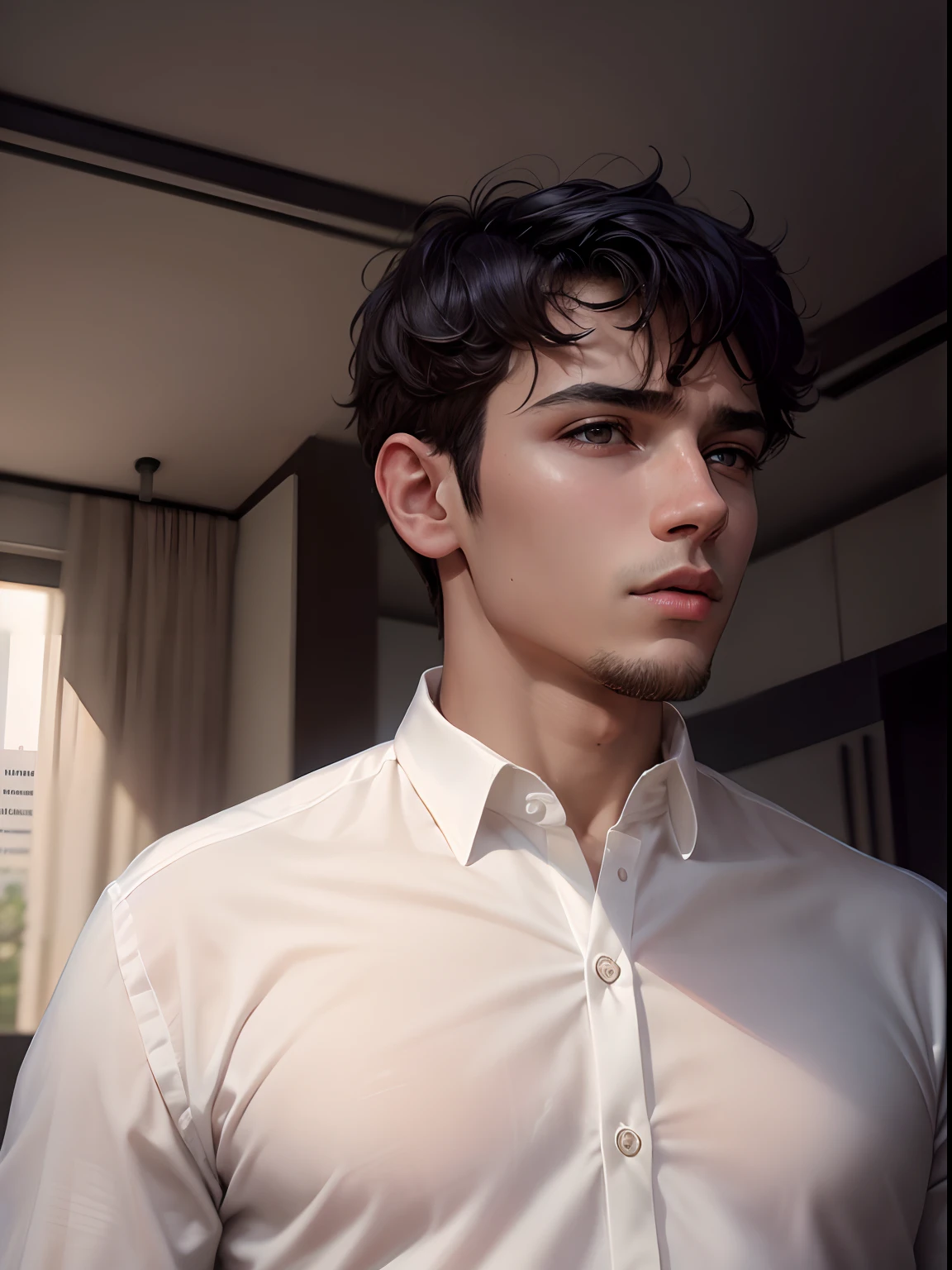 A solo boy, top in ear, make full picture, a boy with white cotton shining shirt, normal body, change in a house 5 star balcony , black hair, realistic background , realistic look, 8k 4k, HD, Full HD, Full realistic look, background matching with real background, Dot shirt, light pink lips,