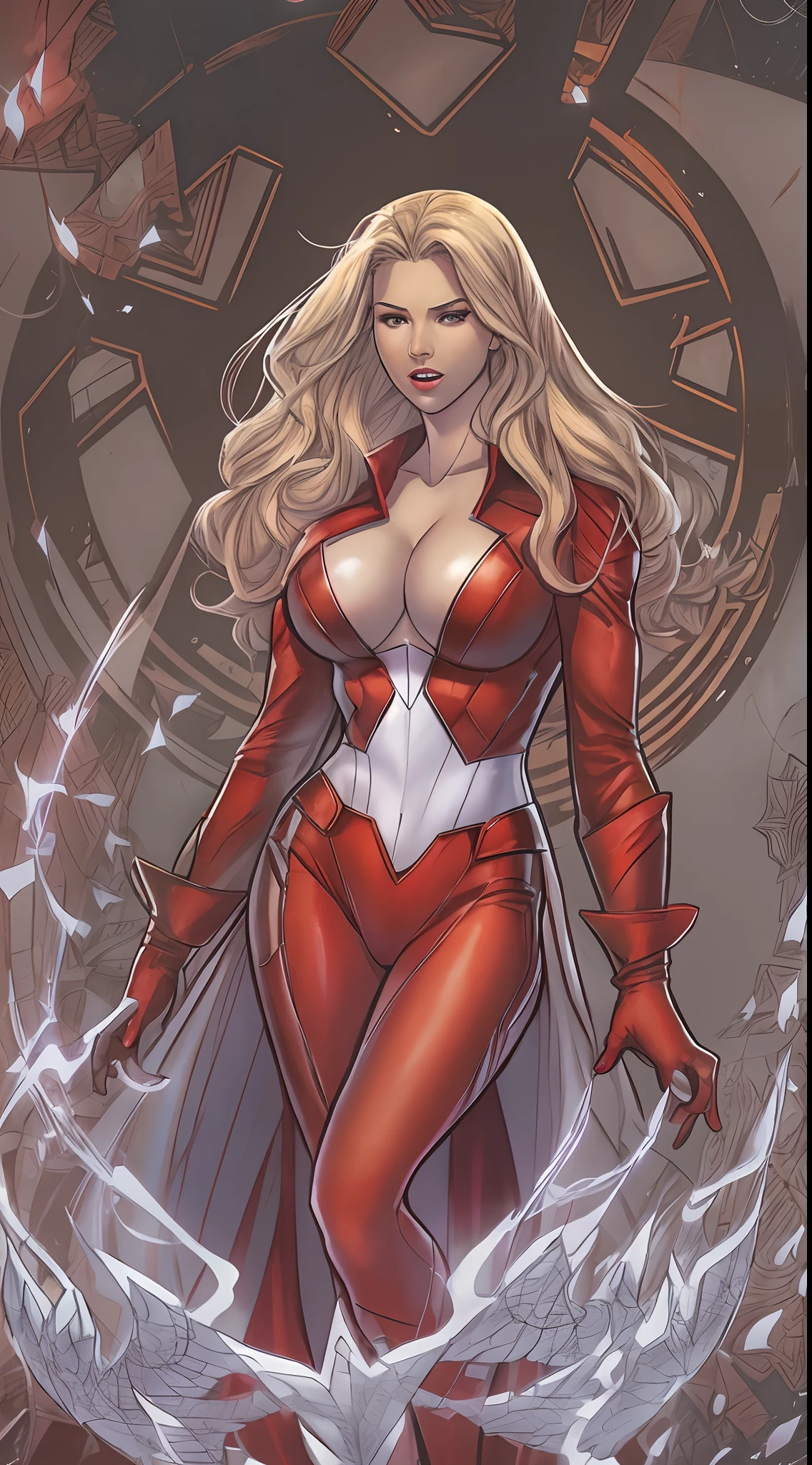 Scarlet witch And Emma Frost Fusion,FullBody, Long Hair, Magic in Hands, White And Red Costume, dress sensual, medium boobs, Pose witch,Cartoon, X-Men,The avengers