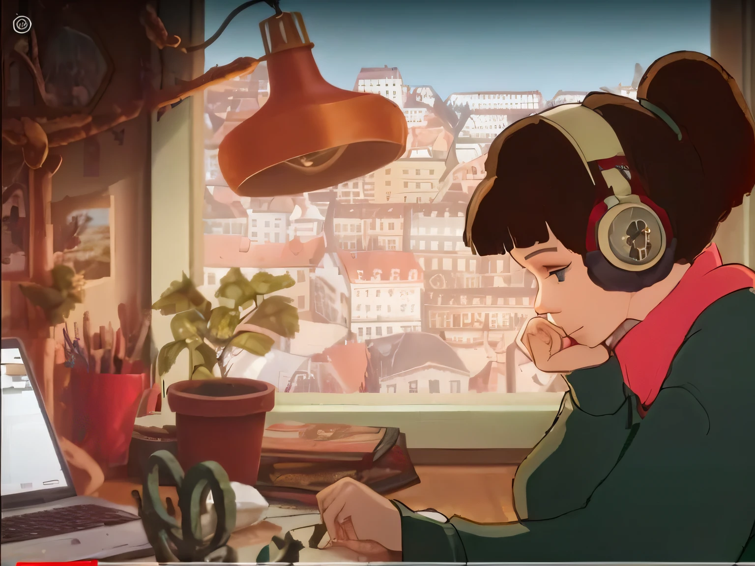 A German woman, sentada na messa do seu quarto, com fone e ouvido, from the window side of your room in Germany, 4k, 84, em um quarto aconchegante