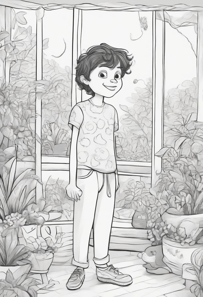 (a simple drawing of a landlord's silly son),(pencil sketch,black and white),(cartoon style,childish),(funny facial expressions, exaggerated features),(messy hair,goofy smile), (comical body proportions),(over-sized shoes, baggy pants),(large, round eyes),(colorful clothing, mismatched patterns),(surrounded by animals and plants),(bright and vibrant colors),(sunlight streaming through the window),(charming and whimsical),(naive and innocent),(playful and mischievous)