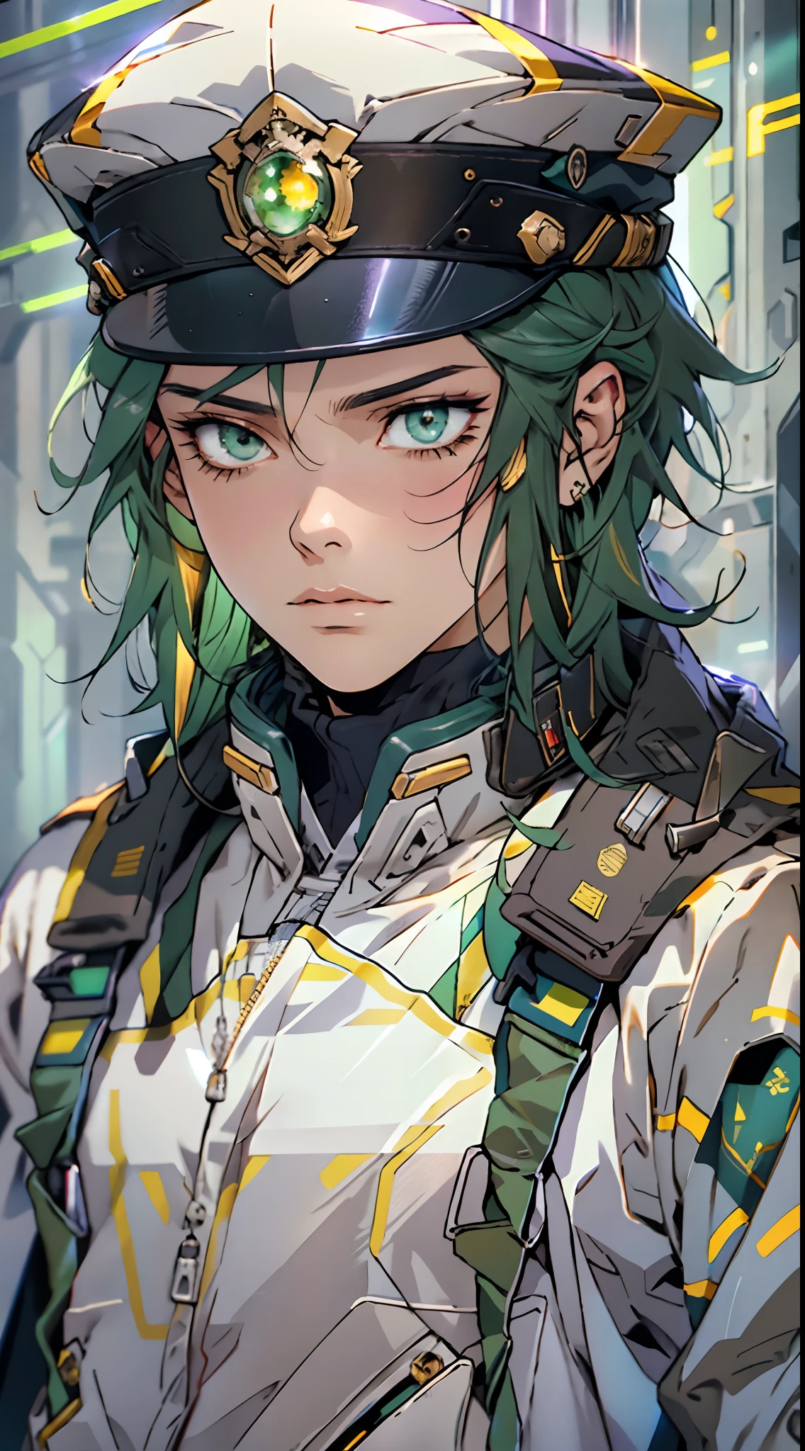 1 man, a man with black short hair, a beret on his head, icy and resolute eyes, a refined face, no expression, wears a two-piece futuristic military-style outfit, tall and slender, wears a light-colored Chinese-style undershirt, a short cape, primarily in shades of green and white, accented by touches of red and yellow, wears dark pants, holds a futuristic-style long metal rod in his hands, set within the futuristic sci-fi atmosphere of a spaceship, this character embodies a finely crafted a futuristic sci-fi military officer in anime style, characterized by an exquisite and mature manga illustration art style, high definition, best quality, highres, ultra-detailed, ultra-fine painting, extremely delicate, professional, anatomically correct, symmetrical face, extremely detailed eyes and face, high quality eyes, creativity, RAW photo, UHD, 8k, Natural light, cinematic lighting, masterpiece:1.5