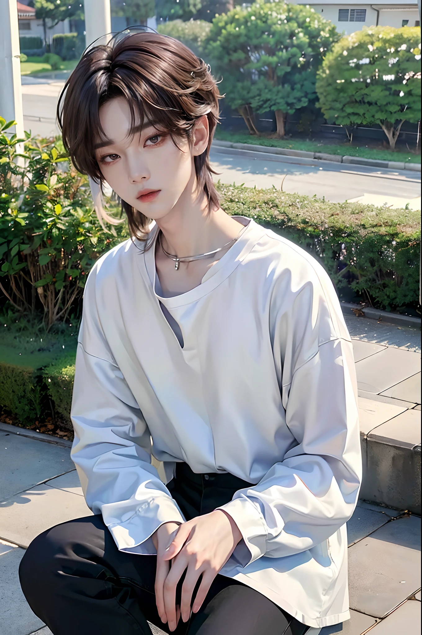 masterpiece、(top-quality)、((high-level image quality))、One Manly Boy、Slim body、((White Y-shirt and long black pants))、(Detailed beautiful eyes)、September Night Road、sitting on a curb、Face similar to Chaewon in Ruseraphim、((short hair above the ears))、((Smaller face))、((Neutral face))、((Light brown eyes))、((Korean boy))、((18year old))、((Handsome man))、((Wild look))、((Korean Makeup))、((elongated and sharp eyes))、((Sit next to the viewer))、((shot from a side angle))、((The upper part of the body))、((Close-range shooting))