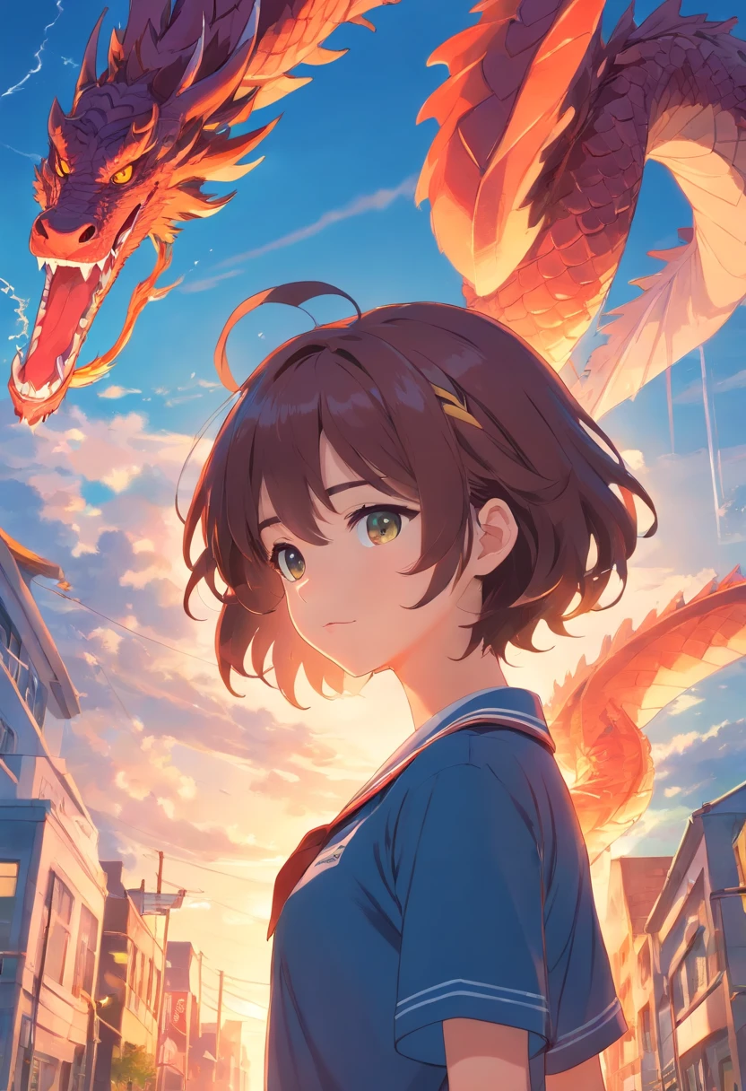 (Master Part), Short hair, 1Girl with a dragon hanging from above, Curly Hair School Uniform, Beautiful nature
