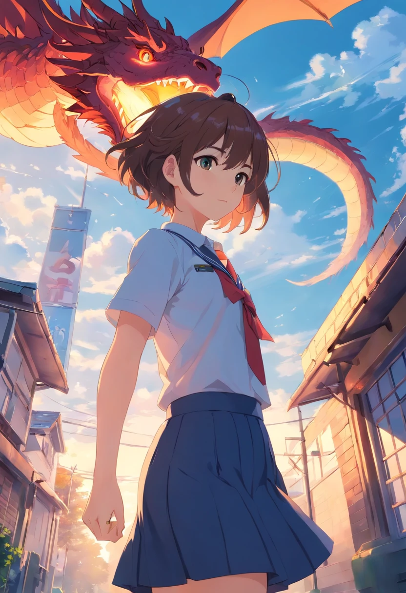 (Master Part), Short hair, 1Girl with a dragon hanging from above, Curly Hair School Uniform, Beautiful nature