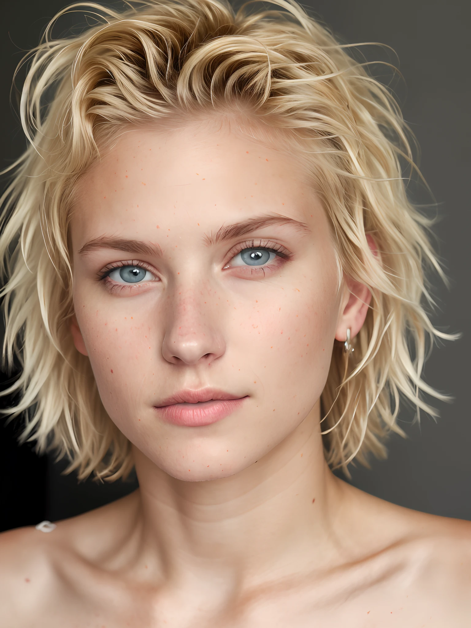 Photo moyenne en gros plan, Jolie et magnifique fille blonde(short and messy hair) Nordique 18 ans, Detailed (detailed bright eyes, nez mince, (look at camera), specular lighting, DSLR, ultra quality, mise au point nette, tranchant, dof, grain du film, centered, Fujifilm XT3, Cristallin