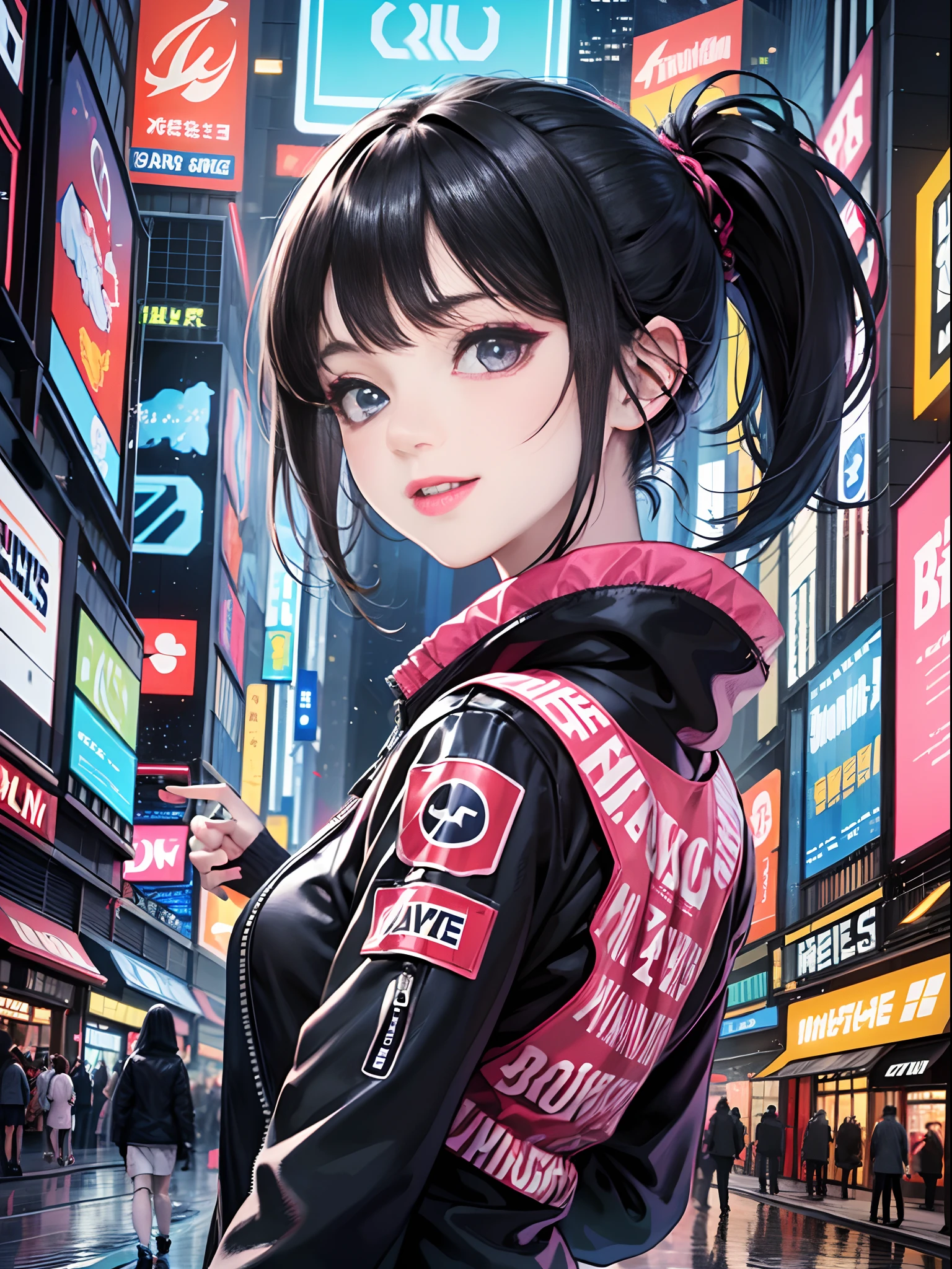 An anime illustration of 2 happy cyberpunk girls, confident cyberpunk girls with smiling expression, ((Harajuku-inspired pop outfit and tech jacket)), bold colors and patterns, eye-catching accessories, trendy and innovative hairstyle, vibrant makeup, ((dynamic pose)), futuristic dazzling Cyberpunk cityscape, skyscrapers, neon signs, glowing LED lights, bright and vivid color scheme, anime, illustration, (beautiful detailed face), intricate details, ultra detailed.