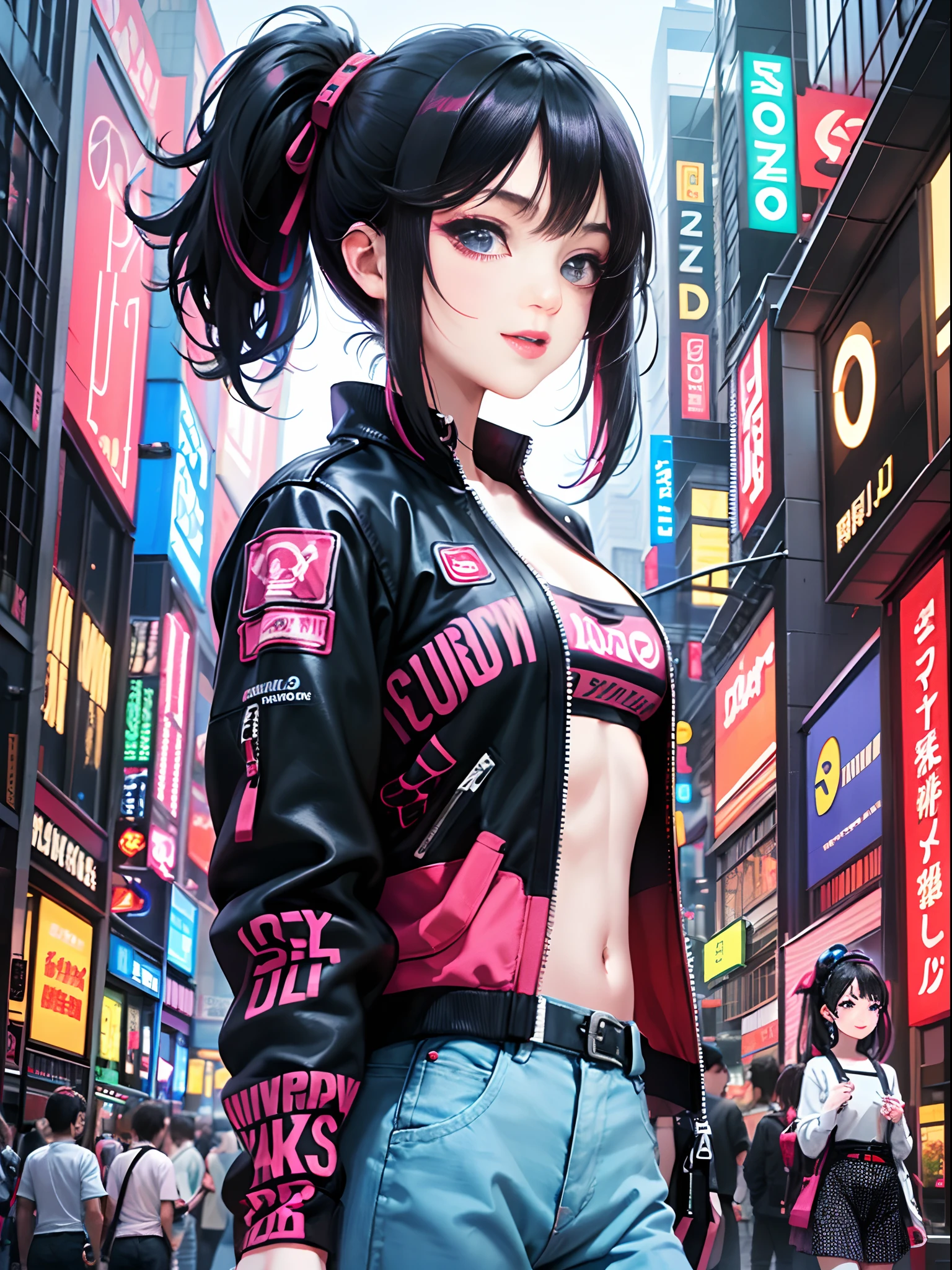 An anime illustration of 2 happy cyberpunk girls, confident cyberpunk girls with smiling expression, ((Harajuku-inspired pop outfit and tech jacket)), bold colors and patterns, eye-catching accessories, trendy and innovative hairstyle, vibrant makeup, ((dynamic pose)), futuristic dazzling Cyberpunk cityscape, skyscrapers, neon signs, glowing LED lights, bright and vivid color scheme, anime, illustration, (beautiful detailed face), intricate details, ultra detailed.