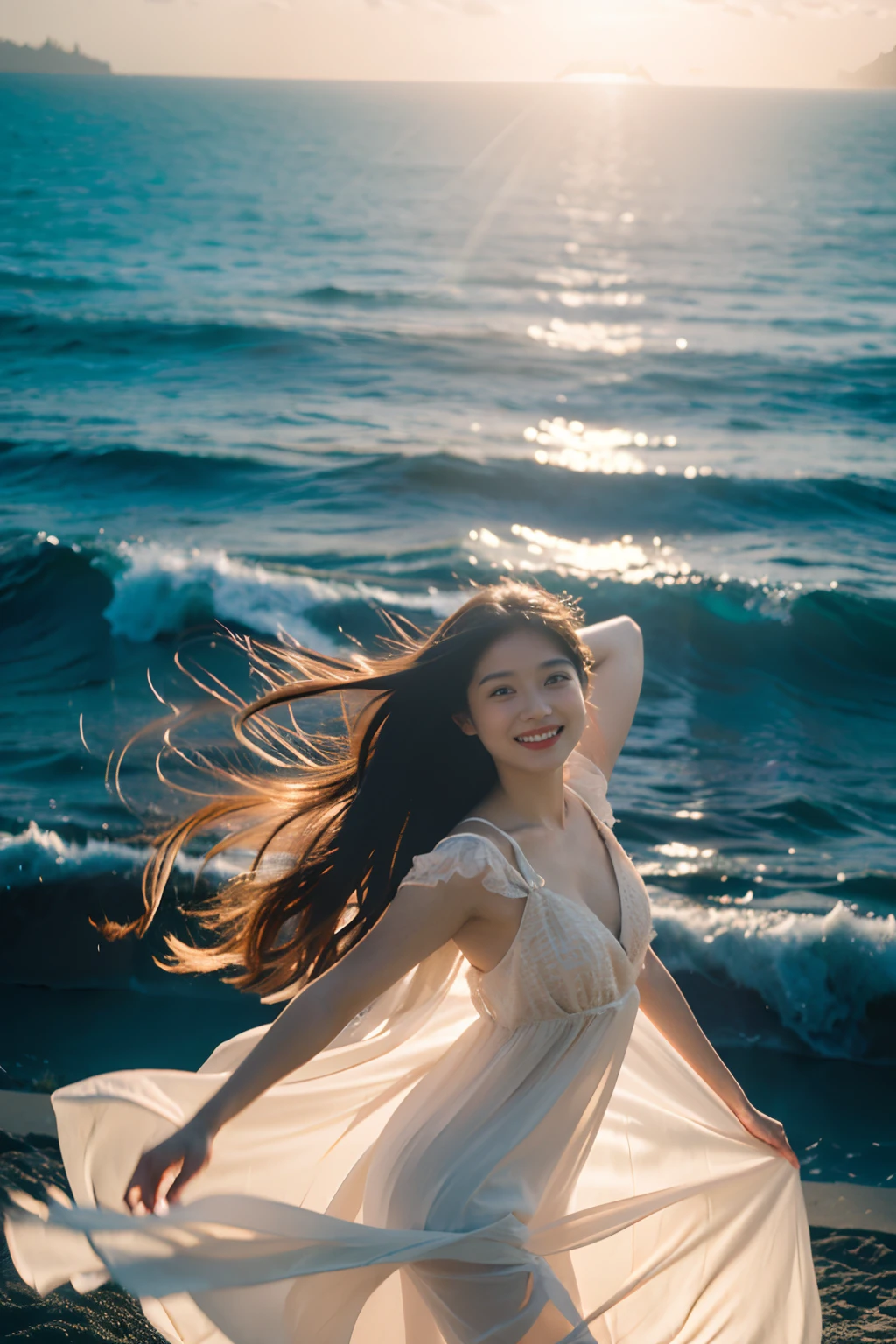 Best Quality,Masterpiece,Ultra High Resolution,(Realisticity:1.4),Original Photo,Cinematic Lighting,
1 beautiful Girl,smile, wearing a summer dress, hair flowing in air backlighting,ocean,