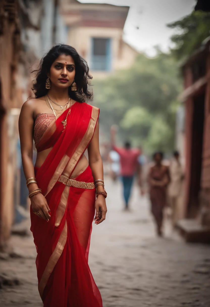 Hot 30 year old Indian woman in transparent saree exposing clevage and thighs in saree and thongs, in red Street, hands tied up, bondage, nsfw:1.0,cleavage:1.0,