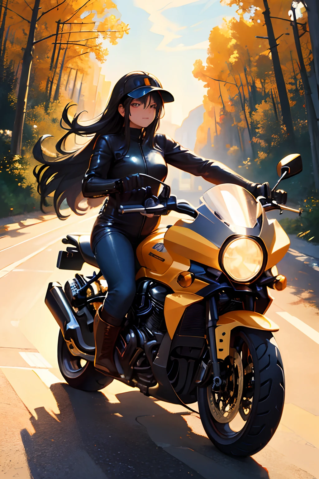 (best quality,4k,highres,masterpiece:1.2),ultra-detailed,realistic:1.37, HDR, UHD,
professional, vivid colors, studio lighting, bokeh, sharp focus,
portraits, photography, landscape, anime, concept artists,
colorful, vibrant hues, warm tones, soft lighting shadows, magical atmosphere
a beautiful young woman with flowing hair rides a Harley Davison motorcycle through a picturesque landscape. She wears a stunning leather bodysuit that hugs her curves, accentuating her graceful figure. The bodysuit shines under the sunlight, creating a mesmerizing reflection.
Her motorcycle boots are sleek and stylish, complementing the overall look. They provide her with both comfort and control as she effortlessly maneuvers the powerful machine. The boots have intricate details, such as buckles and zippers, adding an extra touch of elegance.
To ensure her safety, she wears a state-of-the-art motorcycle helmet that perfectly fits her head. The helmet is adorned with unique patterns and designs, reflecting her adventurous spirit. The visor of the helmet seamlessly integrates with her beautiful face, allowing her eyes to be visible, full of excitement and determination.
Her hands are protected by beautiful motorcycle gloves that provide both style and functionality. The gloves have a perfect fit, allowing her to have a firm grip on the handlebars. The soft leather material adds a luxurious feel to her ensemble.
As she rides her motorcycle, the surroundings come to life with vibrant colors and breathtaking scenery. The landscape is filled with lush greenery, majestic mountains, and a clear blue sky. The sunlight gently illuminates the scene, creating a warm and inviting atmosphere.
The portrait of this young woman on her Harley Davison captures her confidence, independence, and love for adventure. The image is brought to life with intricate details, capturing every fine feature and expression on her face. The artist's skillful use of light and shadows adds depth and dimension, makin