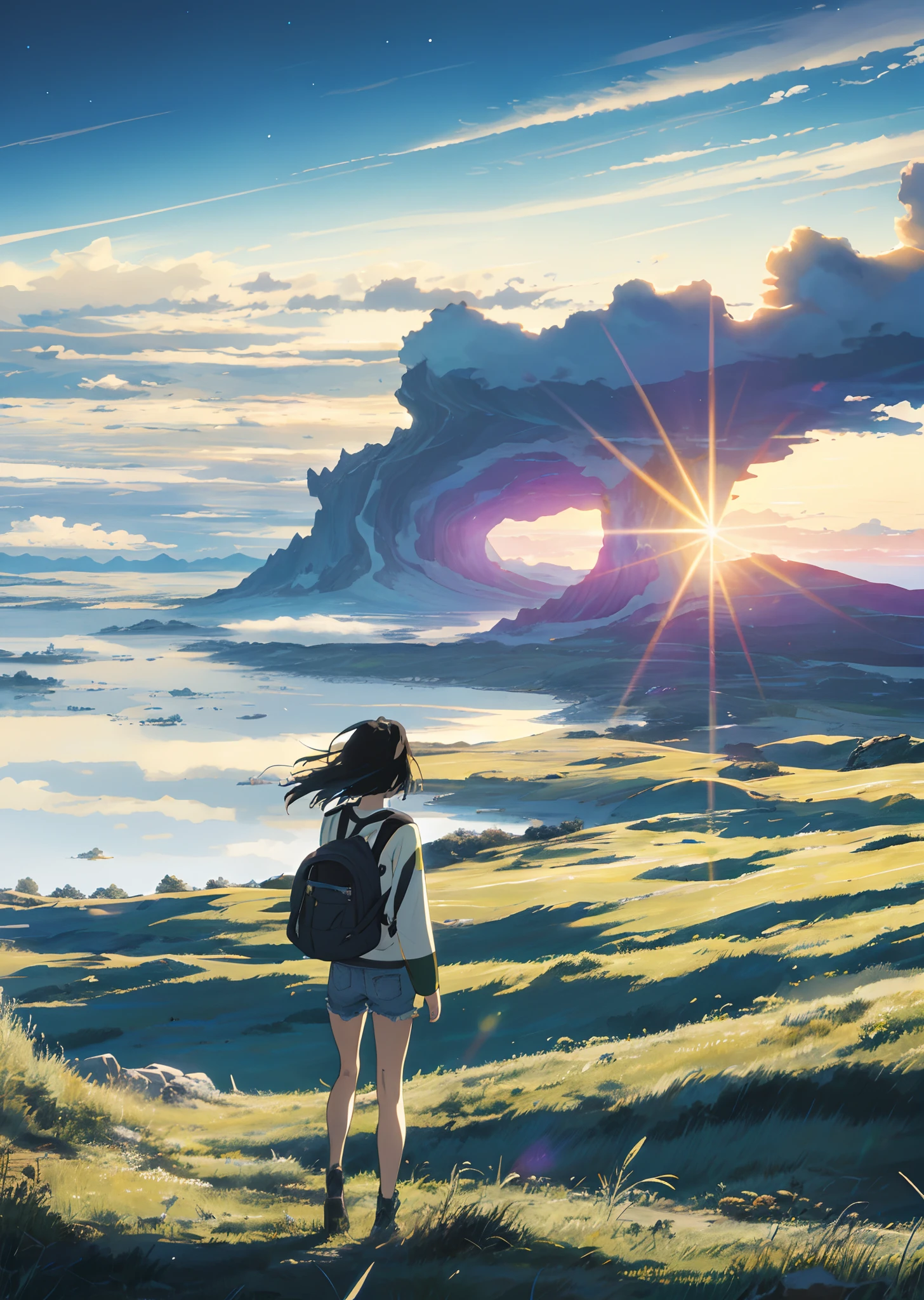 The vast sky, beautiful skyline, large grasslands, extremely tense and dramatic pictures, moving visual effects, the high-hanging Polaris, and colorful natural light. Long-sleeved top, denim shorts, and a girl with a backpack.