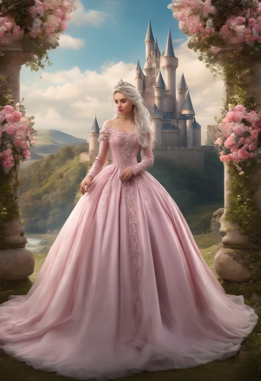 ((best quality, masterpiece)),
1girl, princess pink dress, flowers, white messy hair, outdoor, clouds on background,fantasy, medieval, castle on background