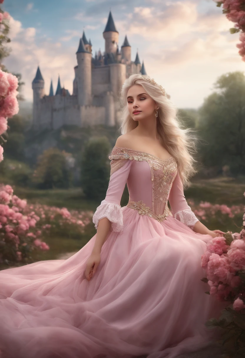 ((best quality, masterpiece)),
1girl, princess pink dress, flowers, white messy hair, outdoor, clouds on background,fantasy, medieval, castle on background