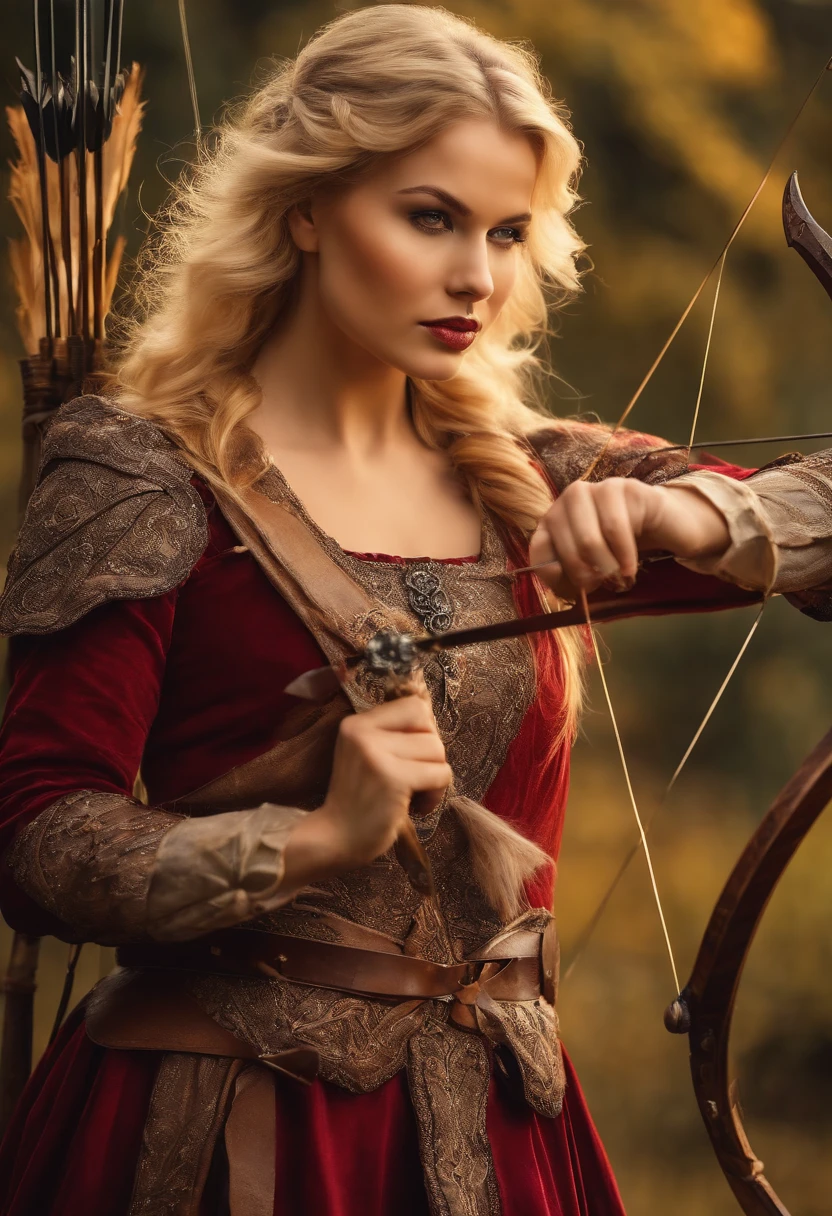 Blonde woman in medieval clothes with bow and arrow in hand