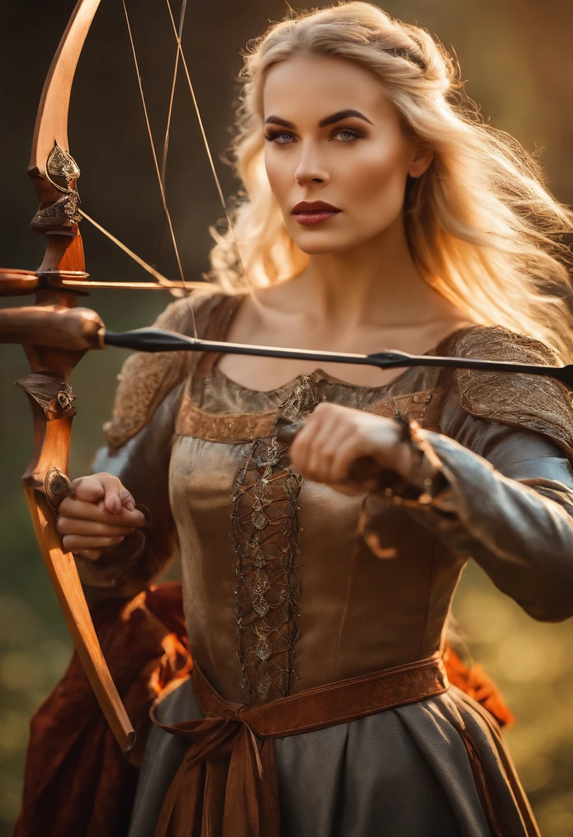 Blonde woman in medieval clothes with bow and arrow in hand