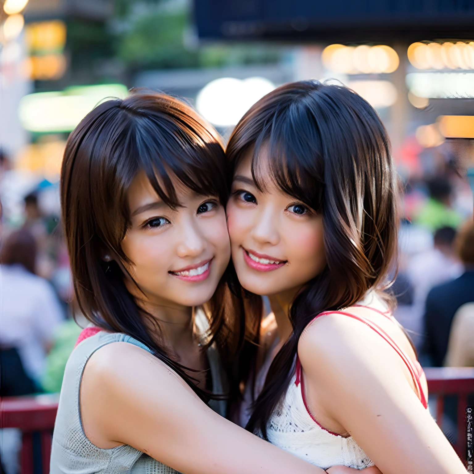 (8K、Raw photography、top-quality、masterpiece:1.2)、(realisitic、Photorealsitic:1.37)、ultra-detailliert、超A high resolution、Identical twin sisters hugging each other、see the beholder、beautifull detailed face、A smile、Constriction、(Slim waist) :1.3)、Tank Tops、Beautiful detailed skin、Skin Texture、floated hair、profetional lighting、