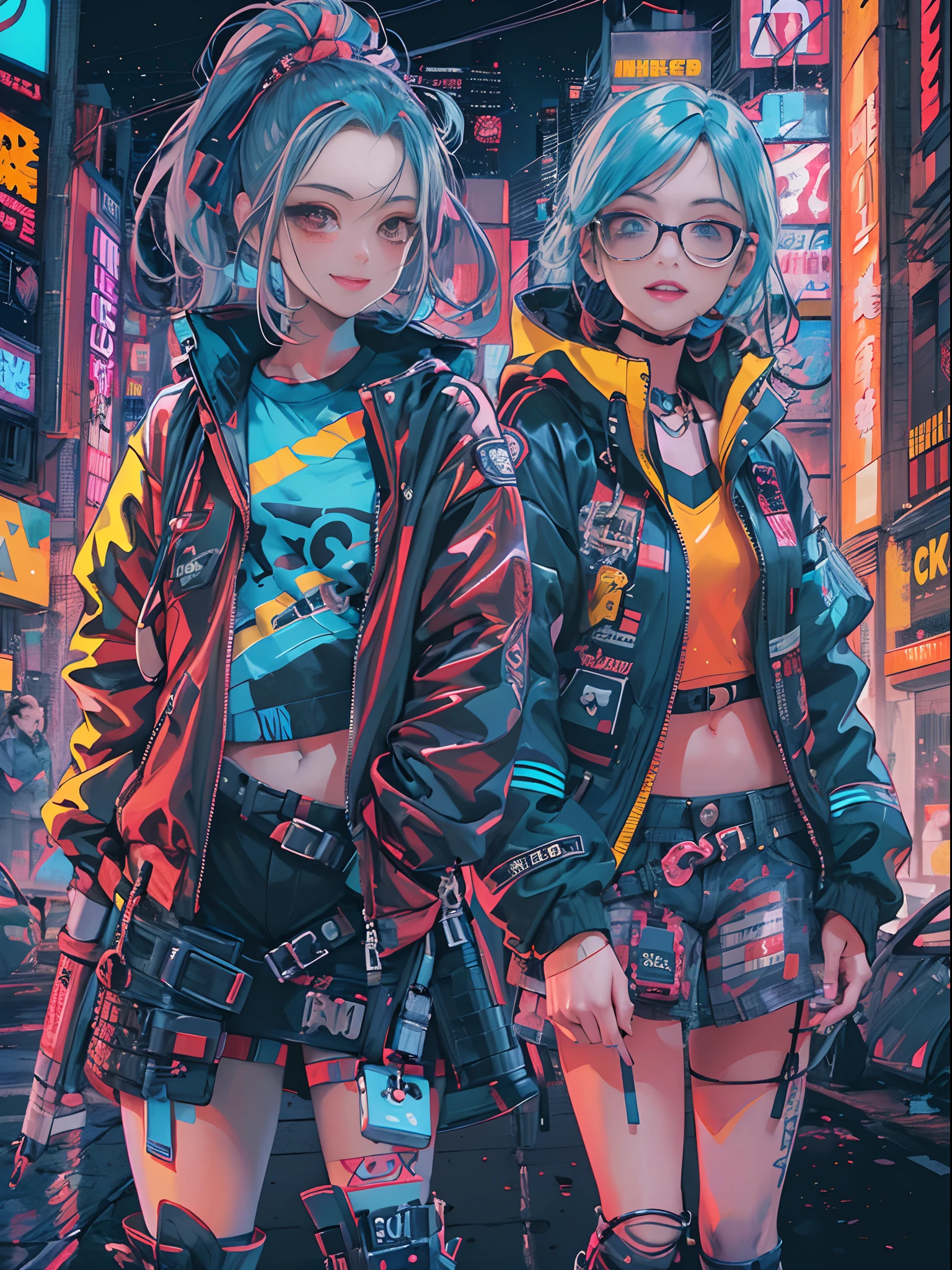 An anime illustration of 2 happy cyberpunk girls, confident cyberpunk girls with smiling expression, ((Harajuku-inspired pop outfit and tech jacket)), bold colors and patterns, eye-catching accessories, trendy and innovative hairstyle, vibrant makeup, ((dynamic pose)), futuristic dazzling Cyberpunk cityscape, skyscrapers, neon signs, glowing LED lights, bright and vivid color scheme, anime, illustration, (beautiful detailed face), intricate details, ultra detailed.