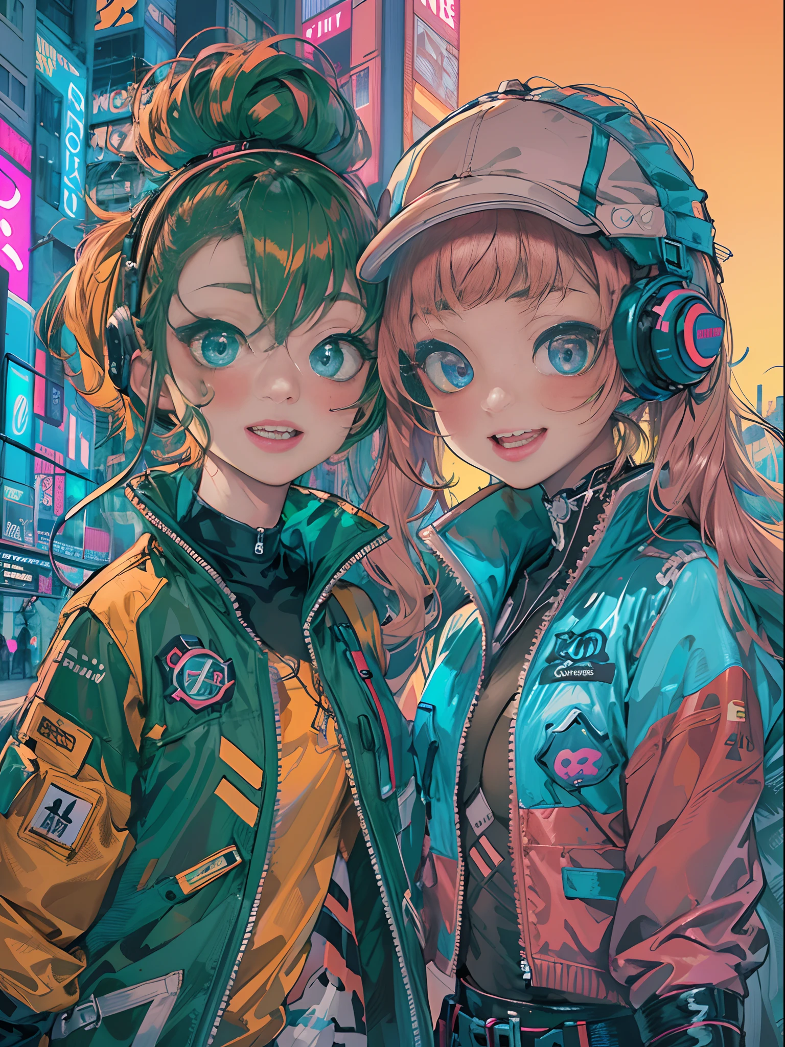 An anime illustration of 2 happy cyberpunk girls, confident cyberpunk girls with smiling expression, ((Harajuku-inspired pop outfit and tech jacket)), bold colors and patterns, eye-catching accessories, trendy and innovative hairstyle, vibrant makeup, ((dynamic pose)), futuristic dazzling Cyberpunk cityscape, skyscrapers, neon signs, glowing LED lights, bright and vivid color scheme, anime, illustration, (beautiful detailed face), intricate details, ultra detailed.