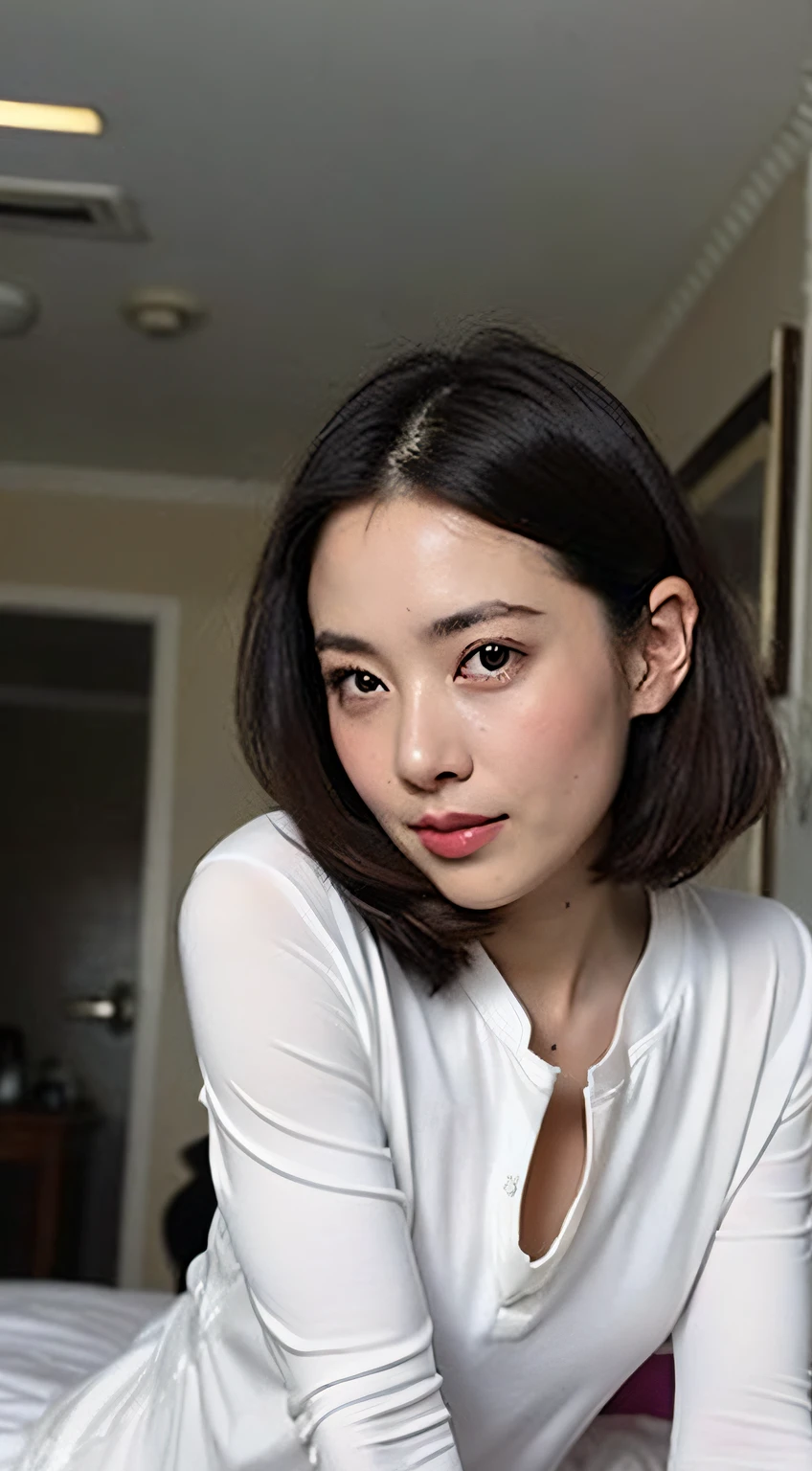 (Photorealistic, Raw photo, Highest Quality, masterpiece, Best Quality, Perfect body, Detailed beautiful face, of the highest quality, K huge file size, Super Detail, High resolution, Very detailed, Highly detailed, 8K Wallpaper, Detailed beautiful skin), Slim Girl Model, 24 year old female model, SEX, (vaginal :1.2), Spread legs, wide-open legs, bent forward, In a dark bedroom, At night, (Sexy Nightshirt), (Lift Shirt:1.3), (Small breasts), (faceless male on face:1.3), POV, (From below)