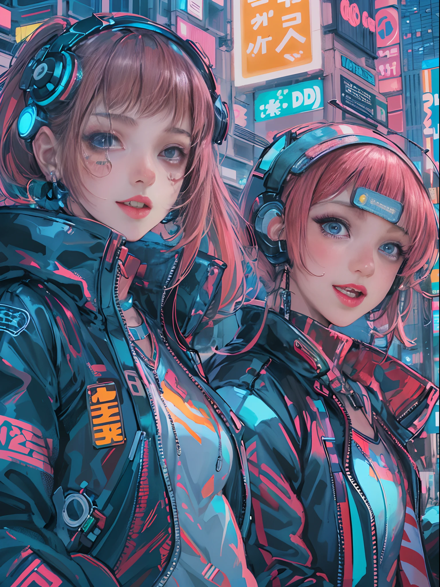 An anime illustration of 2 happy cyberpunk girls, confident cyberpunk girls with smiling expression, ((Harajuku-inspired pop outfit and tech jacket)), bold colors and patterns, eye-catching accessories, trendy and innovative hairstyle, vibrant makeup, ((dynamic pose)), futuristic dazzling Cyberpunk cityscape, skyscrapers, neon signs, glowing LED lights, bright and vivid color scheme, anime, illustration, (beautiful detailed face), intricate details, ultra detailed.