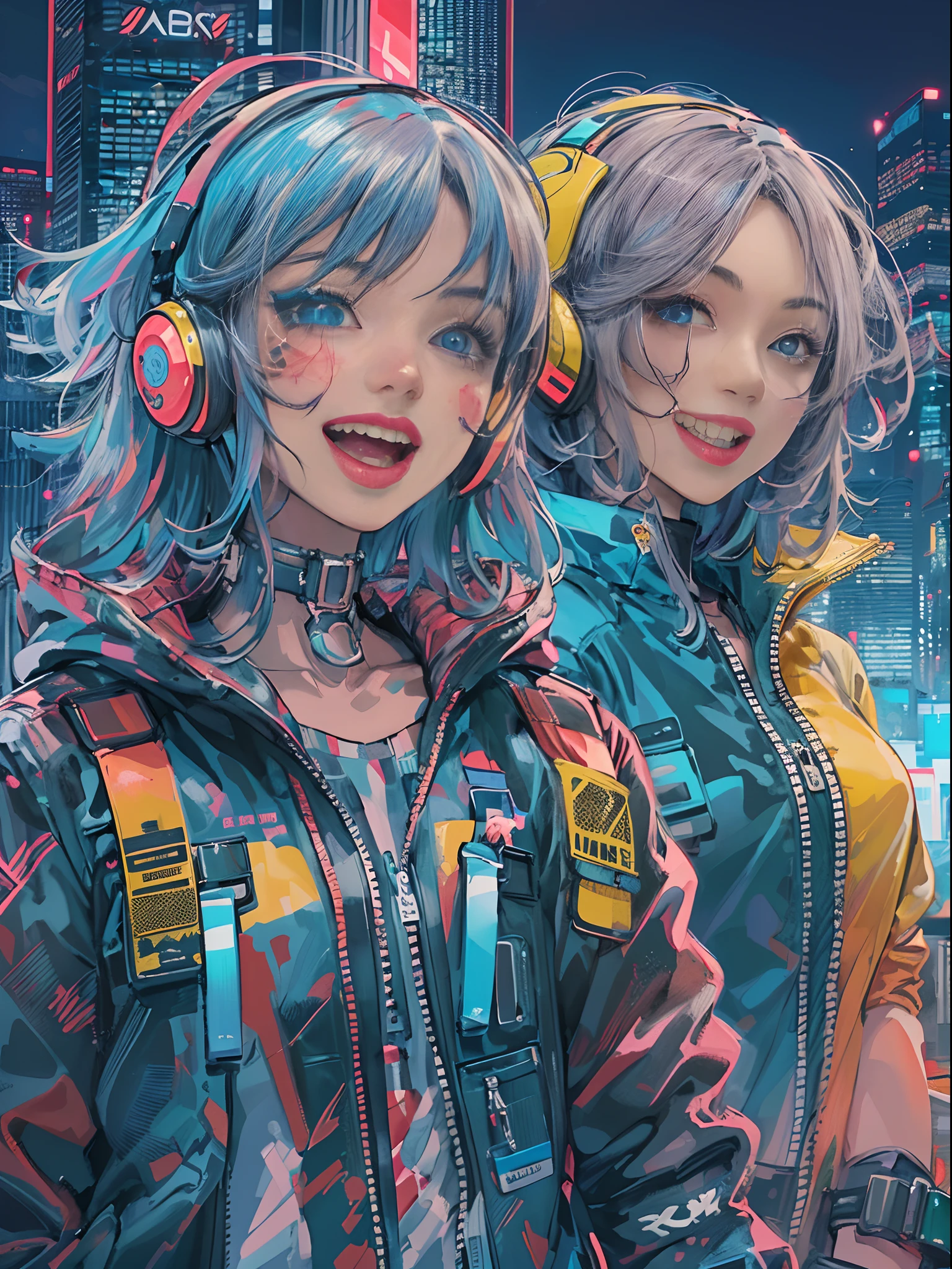 An anime illustration of 2 happy cyberpunk girls, confident cyberpunk girls with smiling expression, ((Harajuku-inspired pop outfit and tech jacket)), bold colors and patterns, eye-catching accessories, trendy and innovative hairstyle, vibrant makeup, ((dynamic pose)), futuristic dazzling Cyberpunk cityscape, skyscrapers, neon signs, glowing LED lights, bright and vivid color scheme, anime, illustration, (beautiful detailed face), intricate details, ultra detailed.