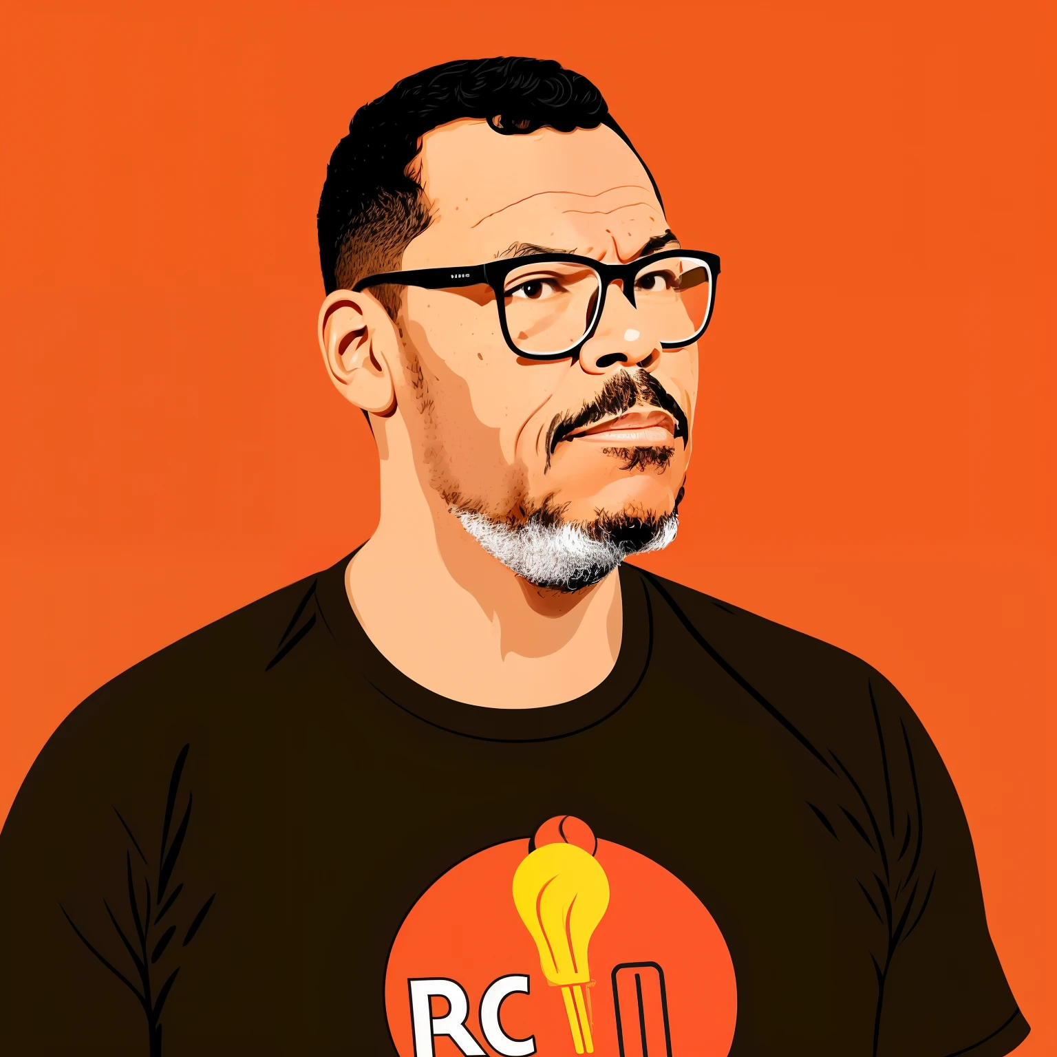 guttonervision8, Vector illustration of a man with glasses, retrato, olhando para a frente, parte superior do corpo, fundo simples, olhando apra longe, full body visible, on stand up comedy stage