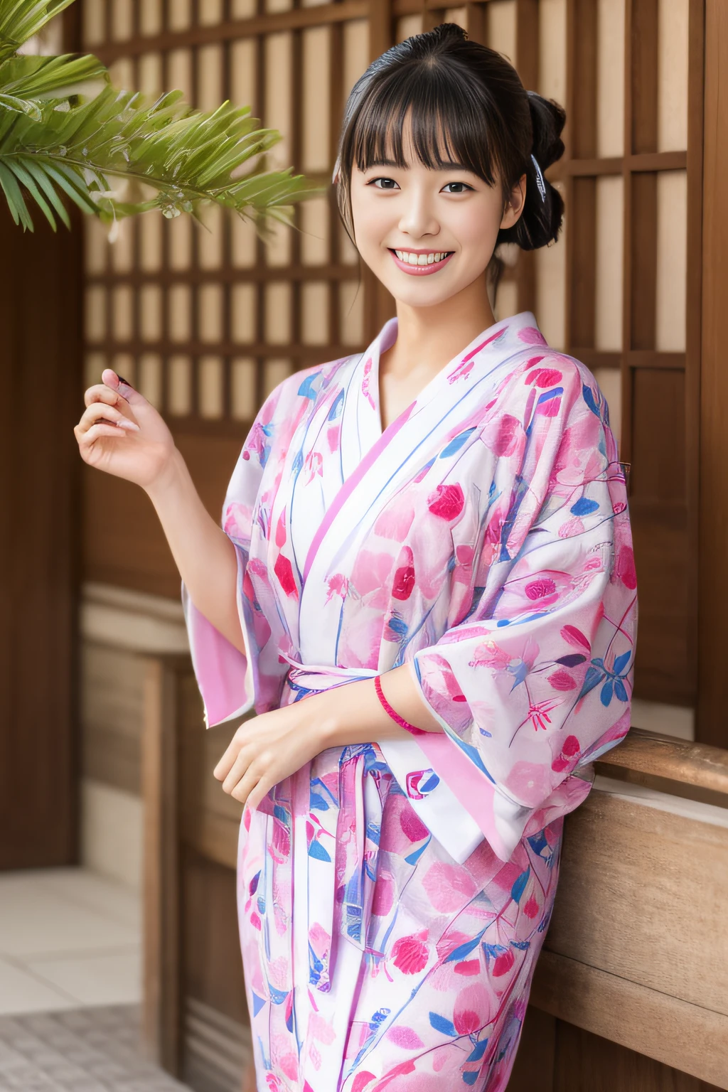 (​masterpiece、high-level image quality、hightquality)、a japanese beauty woman:1.3,Model body type、Beautiful limbs、Japanese Yukata、skyrocket、natta、a smile、Clear eyes、huge tit、Beautiful skin、Yukata beauty、Yukata with morning glory pattern、cool summer、Professional filming、