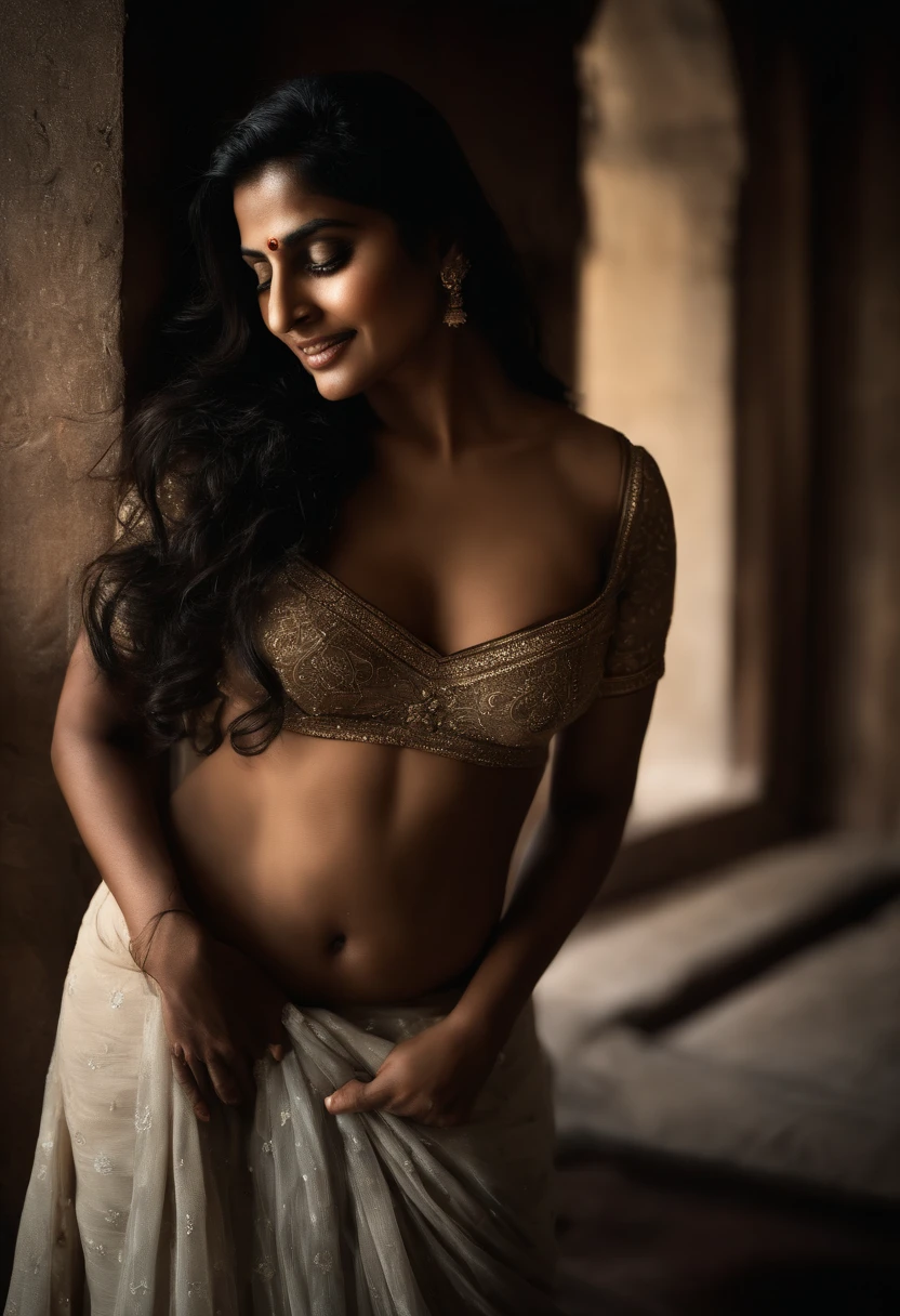 (Full body, editorial photograph of a 30 years old Indian woman), (highly detailed face:1.4) (smile:0.7) (background inside dark, moody, private study:1.3) POV, by lee jeffries, nikon d850, film stock photograph ,4 kodak portra 400 ,camera f1.6 lens ,rich colors ,hyper realistic ,lifelike texture, dramatic lighting , cinestill 800, waering a transparent saree with half sleeve blouse, chest open, deep navel, firm breast, light brown skinned, hourglass body shape, clevage, navel, black hair, loose hair, long hair, with a old indian man from behind toching her hip in one hand and grabing her breast in the other
