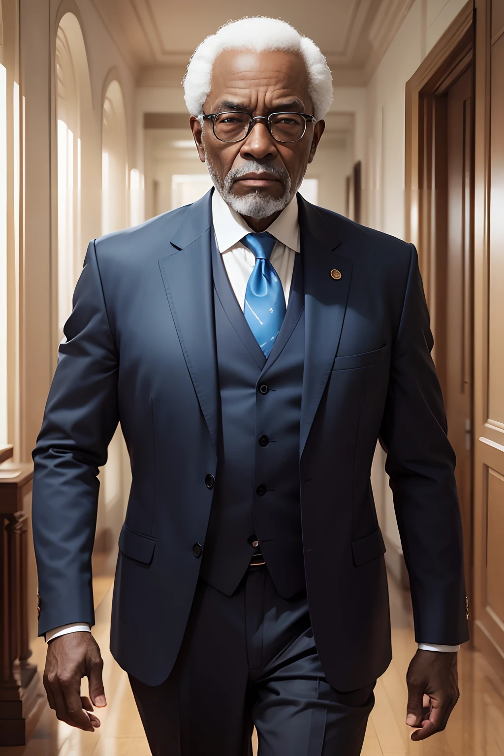 Professional portrait of an old black man standing with 85 years old in blue suit and tie, portant des lunettes, Body and head straight in the photo, facing the photo viewer, eyes fixed to the lens, Shoulders and head appear in the photo, Man centered on the photo, 8k, Best quality, Masterpiece, Realstic, photo realist, photo du film, ultra realist, 1 personne, Detailed, perfect lighting, DSRL, Photo professionnelle