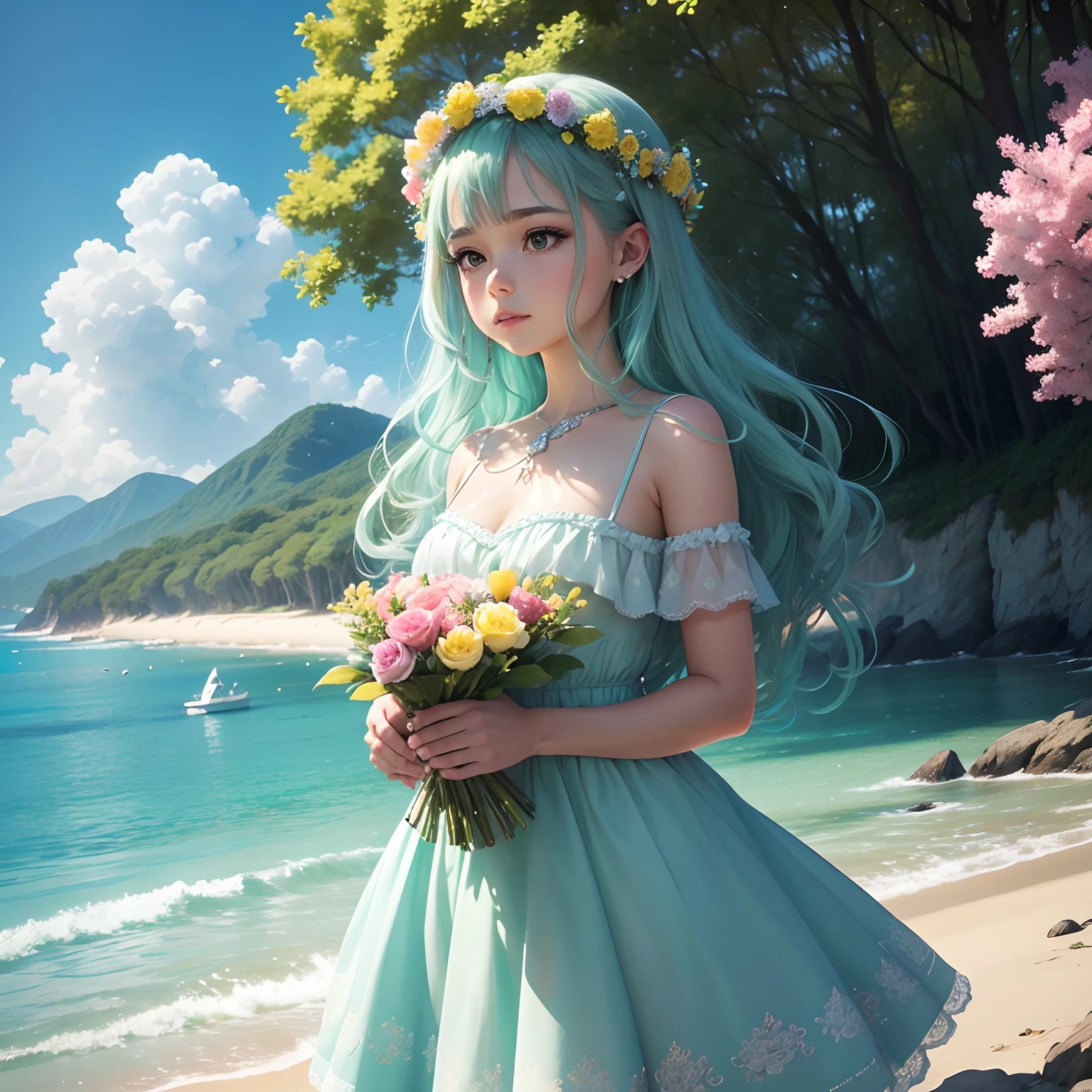 Embrace the breeze，Sea of roses，Gray hair with high ponytail，White hat，Tall，A white dress flutters in the wind，Beautuful Women，frontage