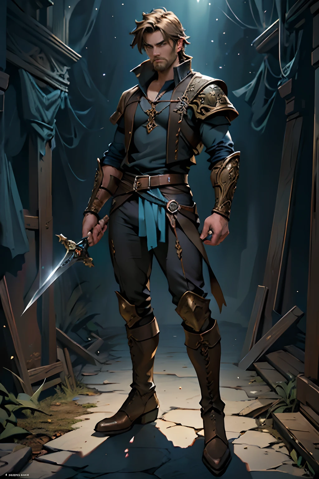 masterpiece, best quality, ultra wide shot, fantasy art, dnd art, rpg art, realistic art, a man (Masterpiece, best quality: 1.6) young male Ranger holding a short sword in one hand and a tomahawk in the other, medium length brown hair with a light beard, full body, [[anatomically correct]] [full body] (Masterpiece, best quality: 1.5), (Masterpiece, best quality: 1.6), holding an [epic magical sword] (Masterpiece, best quality: 1.5) holding [magical sword glowing in blue light] (intricate details, Masterpiece, best quality: 1.5) . in fantasy forest (intricate details, Masterpiece, best quality: 1.5), a male human (Masterpiece, best quality: 1.5), wearing leather armor (medivial details, Masterpiece, best quality: 1.5) , leather boots, ultra detailed face (intricate details, Masterpiece, best quality: 1.5) , thick hair, dynamic hair, intense eyes, fantasy forest (intense details), sun light, backlight, depth of field (intricate details, Masterpiece, best quality: 1.5), wayne reynolds art style