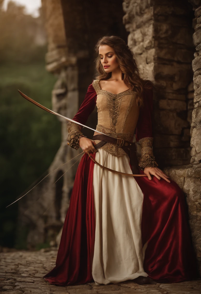 Mulher loira com roupa medieval de arco e flecha