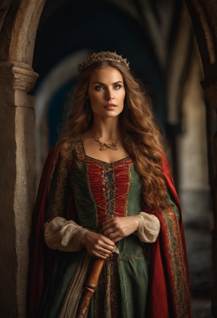 Mulher loira com roupa medieval de arco e flecha