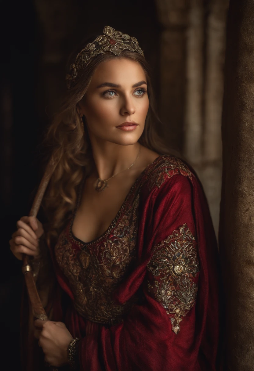 Mulher loira com roupa medieval de arco e flecha