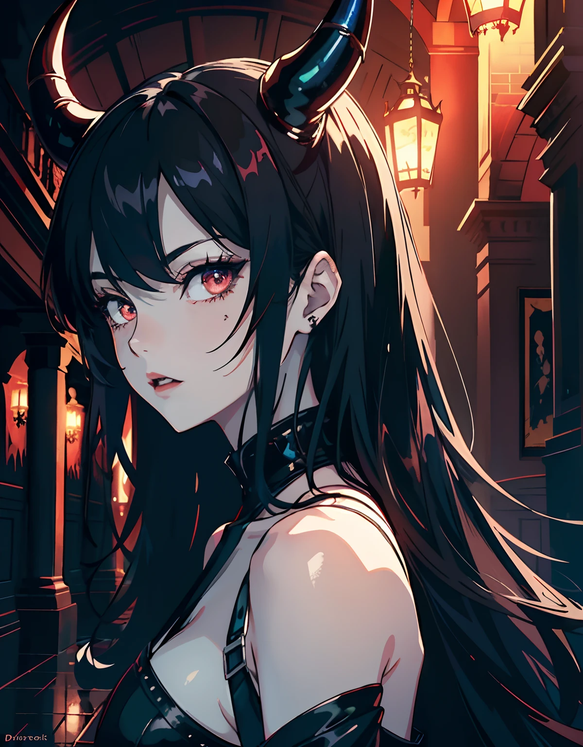 ((masterpiece, best quality)), (1girl, anime girl in dark castle hall),(mature, devil horn), (solo), (female focus), (black hair, messy hair),silver eyes, (black dress, vampire)), pale skin, evil, vicious, portraits, close up, upper body, vibrant colors, soft lighting