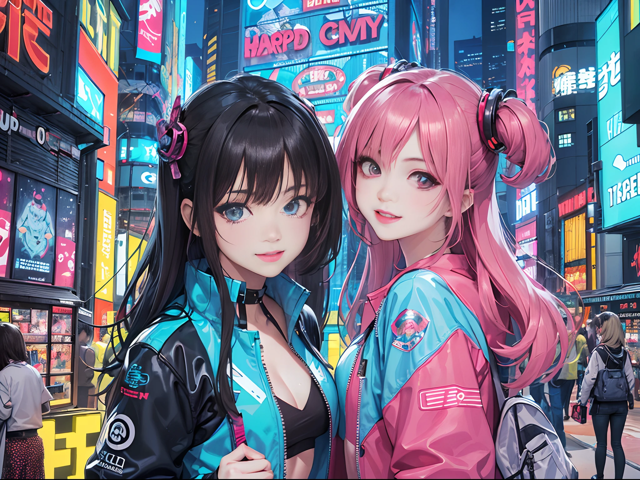 An anime illustration of 2 happy cyberpunk girls, confident cyberpunk girls with smiling expression, ((Harajuku-inspired pop outfit and tech jacket)), bold colors and patterns, eye-catching accessories, trendy and innovative hairstyle, vibrant makeup, ((dynamic pose)), futuristic dazzling Cyberpunk cityscape, skyscrapers, neon signs, glowing LED lights, bright and vivid color scheme, anime, illustration, (beautiful detailed face), intricate details, ultra detailed.