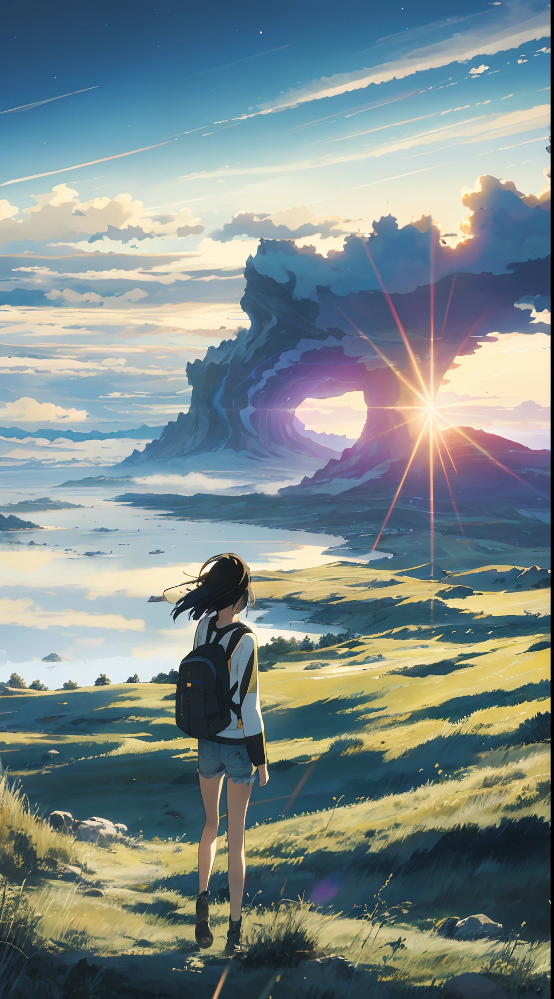 The vast sky, beautiful skyline, large grasslands, extremely tense and dramatic pictures, moving visual effects, the high-hanging Polaris, and colorful natural light. Long-sleeved top, denim shorts, and a girl with a backpack.