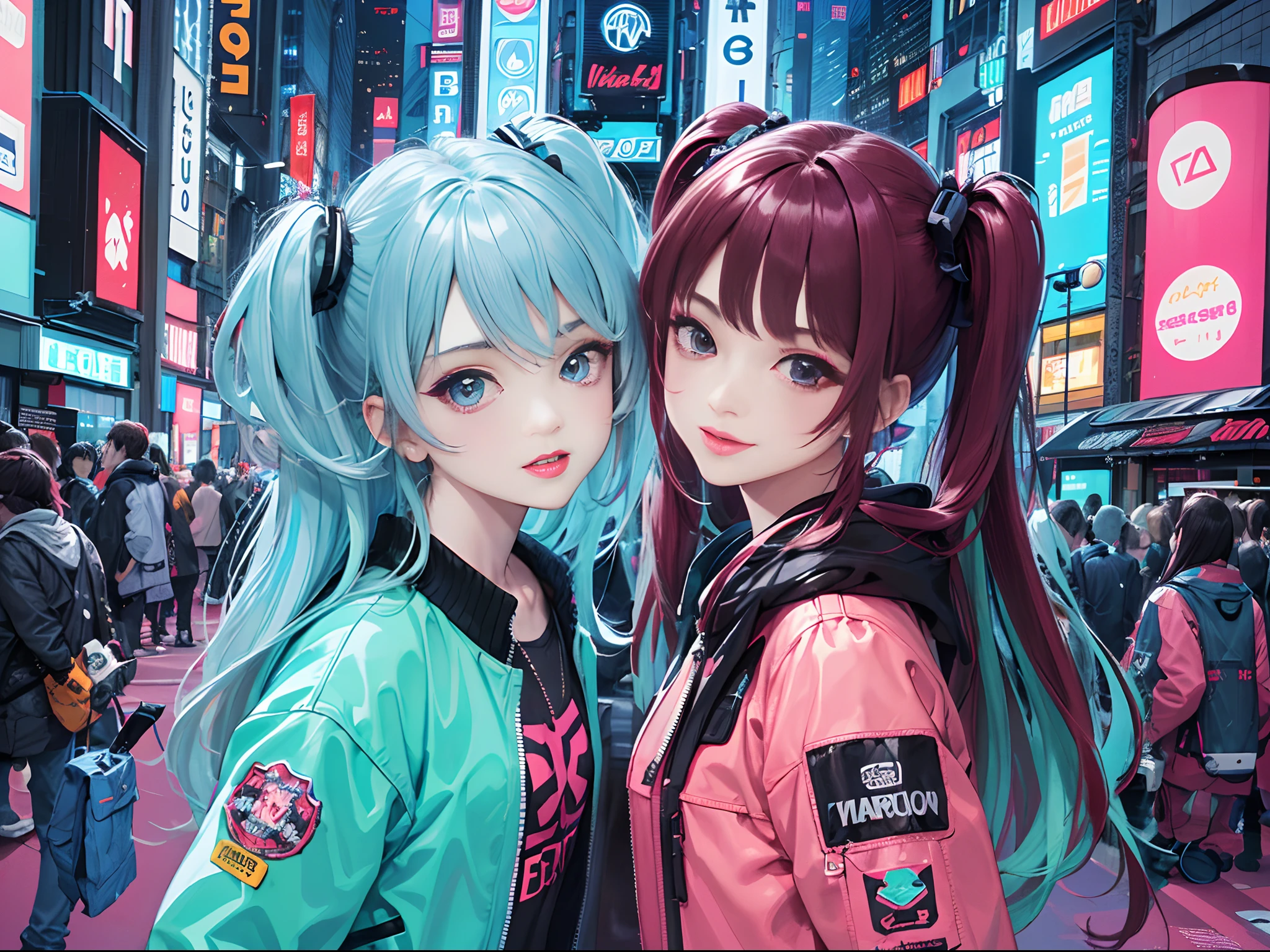 An anime illustration of 2 happy cyberpunk girls, confident cyberpunk girls with smiling expression, ((Harajuku-inspired pop outfit and tech jacket)), bold colors and patterns, eye-catching accessories, trendy and innovative hairstyle, vibrant makeup, ((dynamic pose)), futuristic dazzling Cyberpunk cityscape, skyscrapers, neon signs, glowing LED lights, bright and vivid color scheme, anime, illustration, (beautiful detailed face), intricate details, ultra detailed.