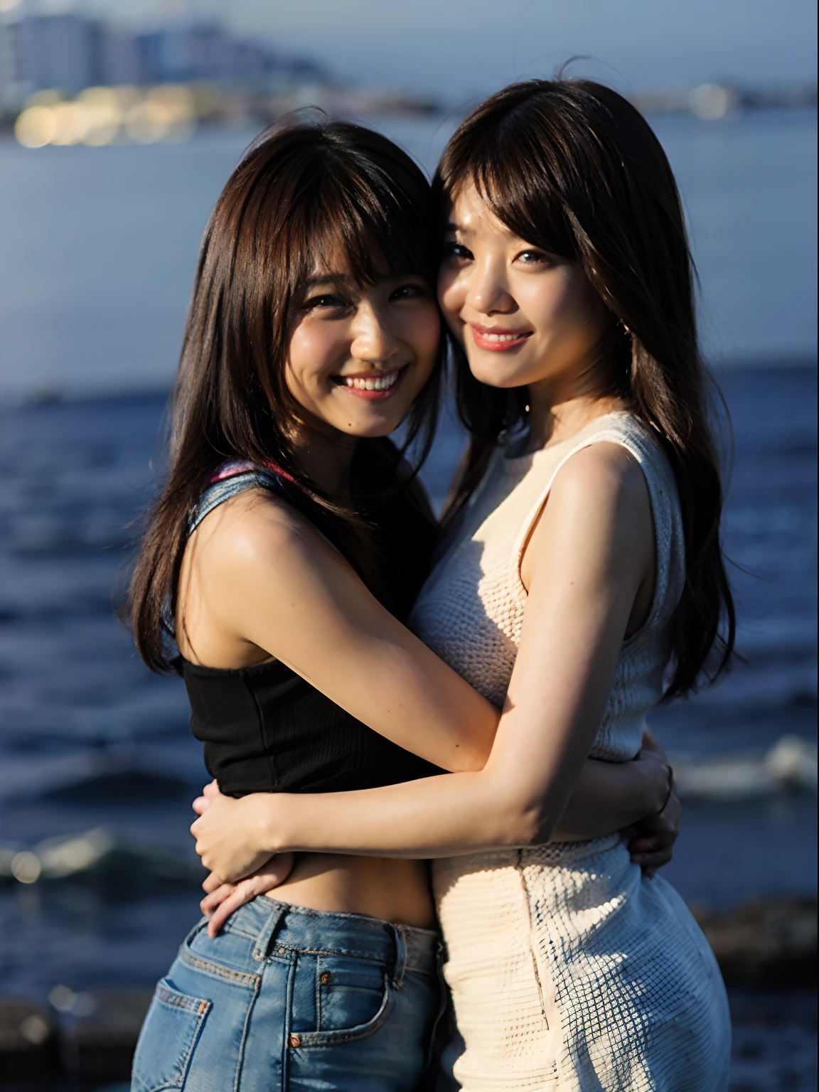 best-quality, masterpiece, ultra high resolution, (Photorealsitic:1.4), Raw photo, ultra-detailed, group of girls having fun, All insanely cute faces like Japan idols, big eyes, slim, Detailed Bodies, All detailed hands, running forward, fully naked, sunny beach, ((NAKED)), various hairstyles, wet body, white skin