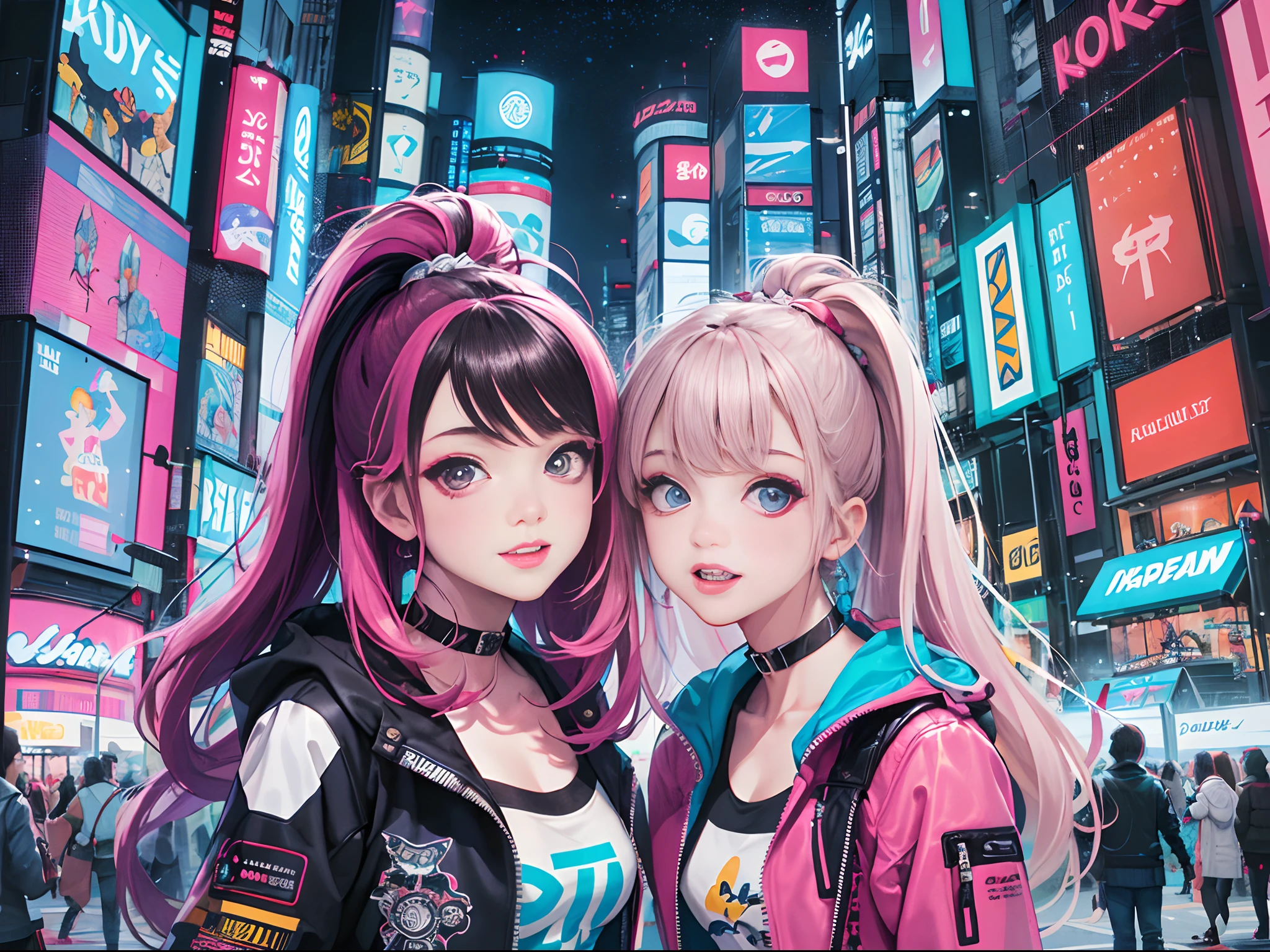 An anime illustration of 2 happy cyberpunk girls, confident cyberpunk girls with smiling expression, ((Harajuku-inspired pop outfit and tech jacket)), bold colors and patterns, eye-catching accessories, trendy and innovative hairstyle, vibrant makeup, ((dynamic pose)), futuristic dazzling Cyberpunk cityscape, skyscrapers, neon signs, glowing LED lights, bright and vivid color scheme, anime, illustration, (beautiful detailed face), intricate details, ultra detailed.