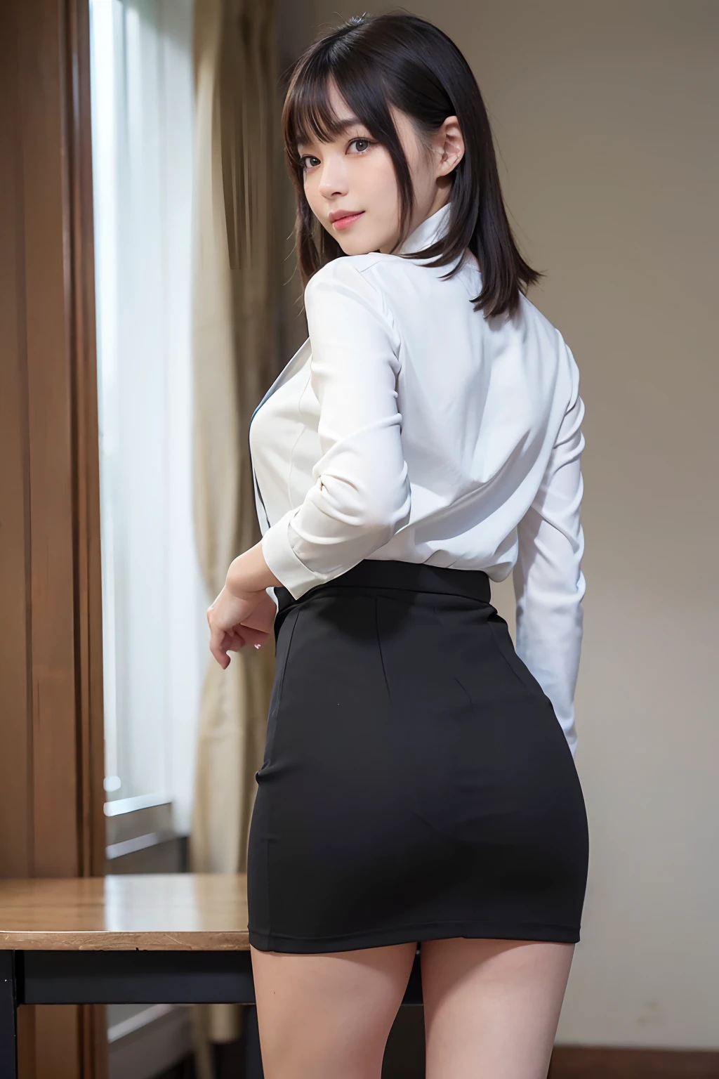 (realisitic、Photorealsitic:1.37)、(masterpiece)、(top-quality:1.4)、(超A high resolution:1.2)、(Raw photography:1.2)、(foco nítido:1.3)、(facefocus:1.2)、elegent、(full body Esbian:1.2)、(One girl in detailed pencil skirt and black suit jacket:1.3)、(OL)、professionattire、high-heels、(33yo:1.1)、(ssmile:1.3)、(Shine Hair:1.3)、 bob cuts、 pencil skirts
(Colossal tits), ty, (Bright daytime indoors:1.2), from the rear, Backshots, bangss, beautiful finely detailed eyes, see the beholder, (cute little), (without makeup)、emphasis on the buttocks