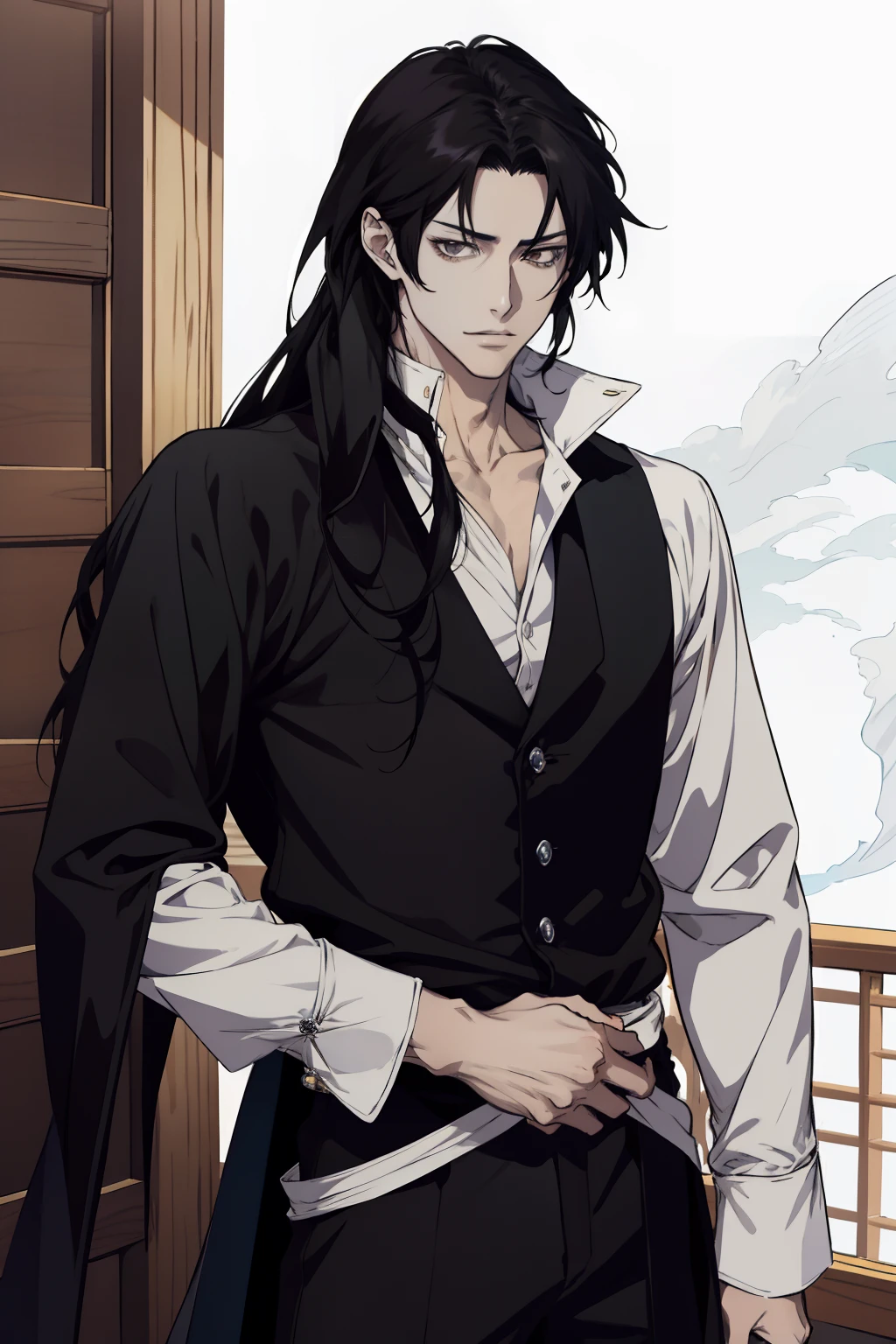 anime drawing of a man Regal Victorian era inspired anime guy with long black hair and a furry coat, handsome guy in demon slayer art, inspired by Okumura Masanobu, roguish smirk, inspired by Yamagata Hiro, anime handsome man, anime portrait of a handsome man, okata kazuto, aragorn in an anime world, kentaro miura art style anime guy with long hair and a white shirt and black jacket, anime handsome man, kentaro miura manga art style, kentaro miura art style, sylas, kentaro miura manga style, anime portrait of a handsome man, handsome guy in demon slayer art, tsurumaki kazuya, male anime character, kentaro miura style Masculine features