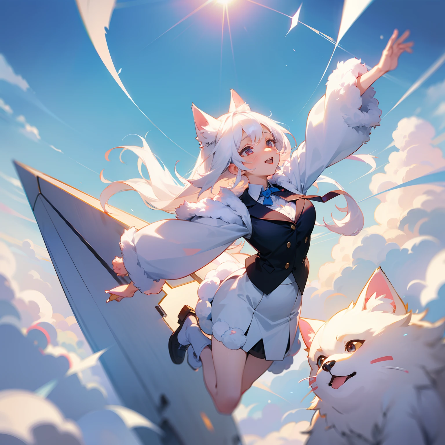 Jumping towards the sky、White hairs、fluffy fur、White puppy、Vigorous、Puppy who loves anime、,, furry animal,Instagram icon、The loveliness that everyone looks back on、1 girl in、One puppy、A smile that cheers everyone up、Travel through the world of anime、Spanning the world、look up to、Looking into the distance、Office Lady Style Clothes、Wearing a suit、Standing、