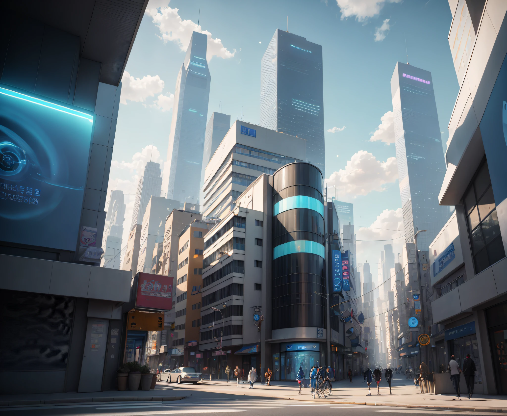 futuristic modern small city, street photo, atmospheric realistic photography, highly detailed (city street:1.2), particles sunny blue sky, absurdres, hyper-realism, textured, maximum_detail, dslr