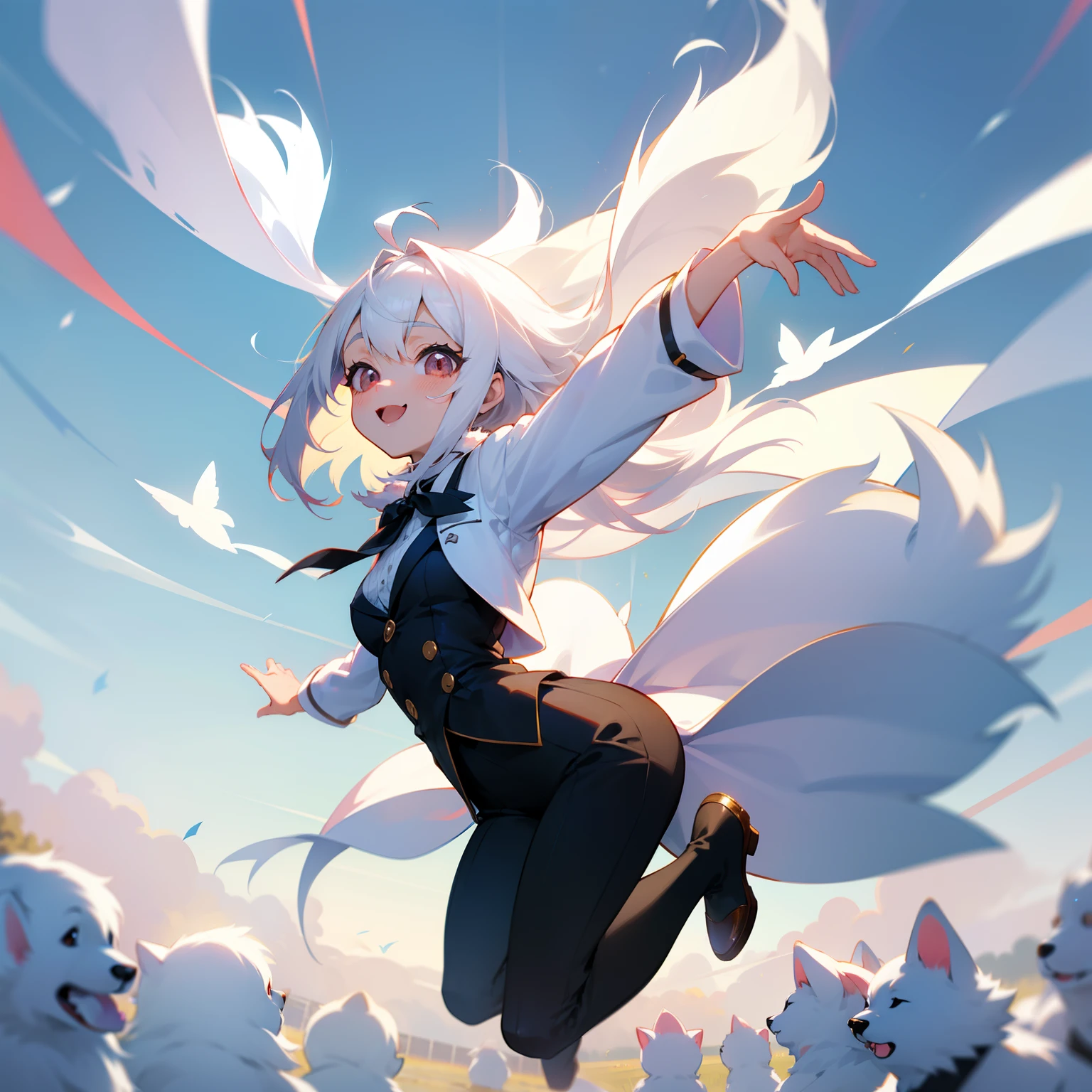 Jumping towards the sky、White hairs、fluffy fur、White puppy、Vigorous、Puppy who loves anime、,, furry animal,Instagram icon、The loveliness that everyone looks back on、1 girl in、One puppy、A smile that cheers everyone up、Travel through the world of anime、Spanning the world、look up to、Looking into the distance、Office Lady Style Clothes、Wearing a suit、Standing、