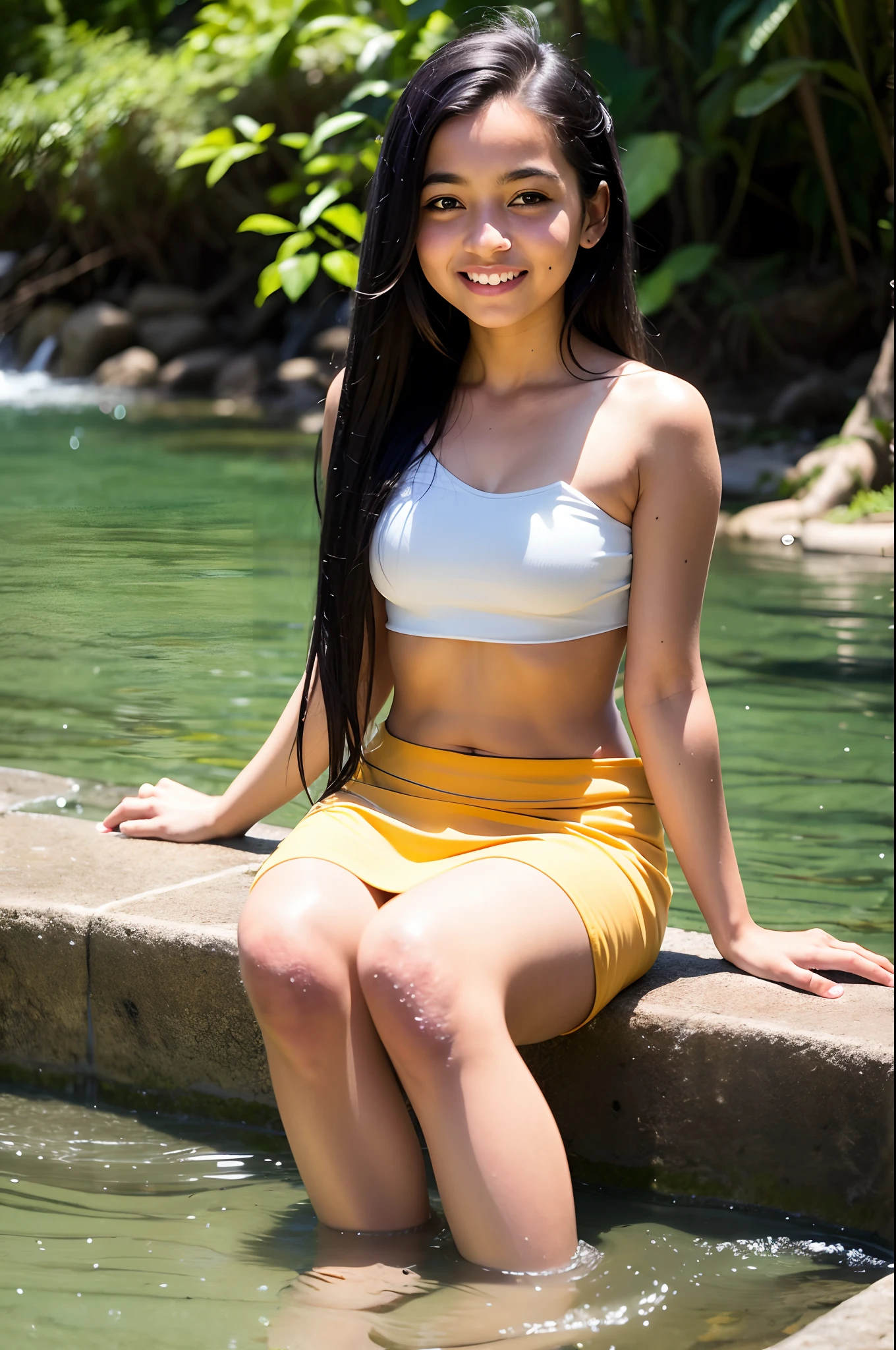 Beautiful, innocent, realistic,-yeld, SLankan, little gih long black hair Wearing a short skirt and brawoman sitting in the water in a river, next to a waterfall, in water up to her shoulders, cute girl, in the water, in a river in the jungle, topless, short skirt, layered clothing, open neck, close up, depth of field, playing in waterfalls, with waterfalls, running water, smile, depth of field, overcast, misty