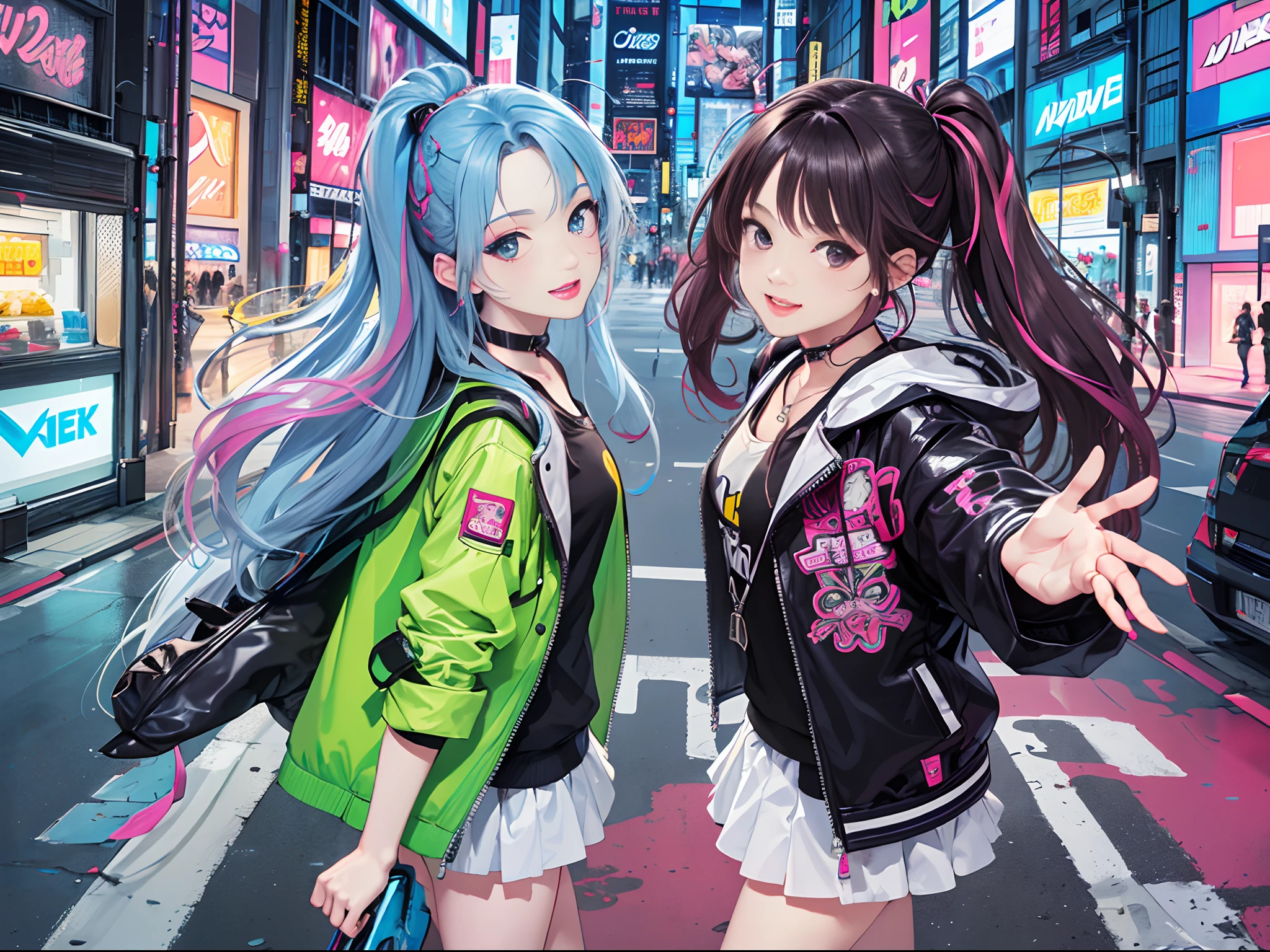 An anime illustration of 2 happy cyberpunk girls, confident cyberpunk girls with smiling expression, ((Harajuku-inspired pop outfit and tech jacket)), bold colors and patterns, eye-catching accessories, trendy and innovative hairstyle, vibrant makeup, ((dynamic pose)), futuristic dazzling Cyberpunk cityscape, skyscrapers, neon signs, glowing LED lights, bright and vivid color scheme, anime, illustration, (beautiful detailed face), intricate details, ultra detailed.