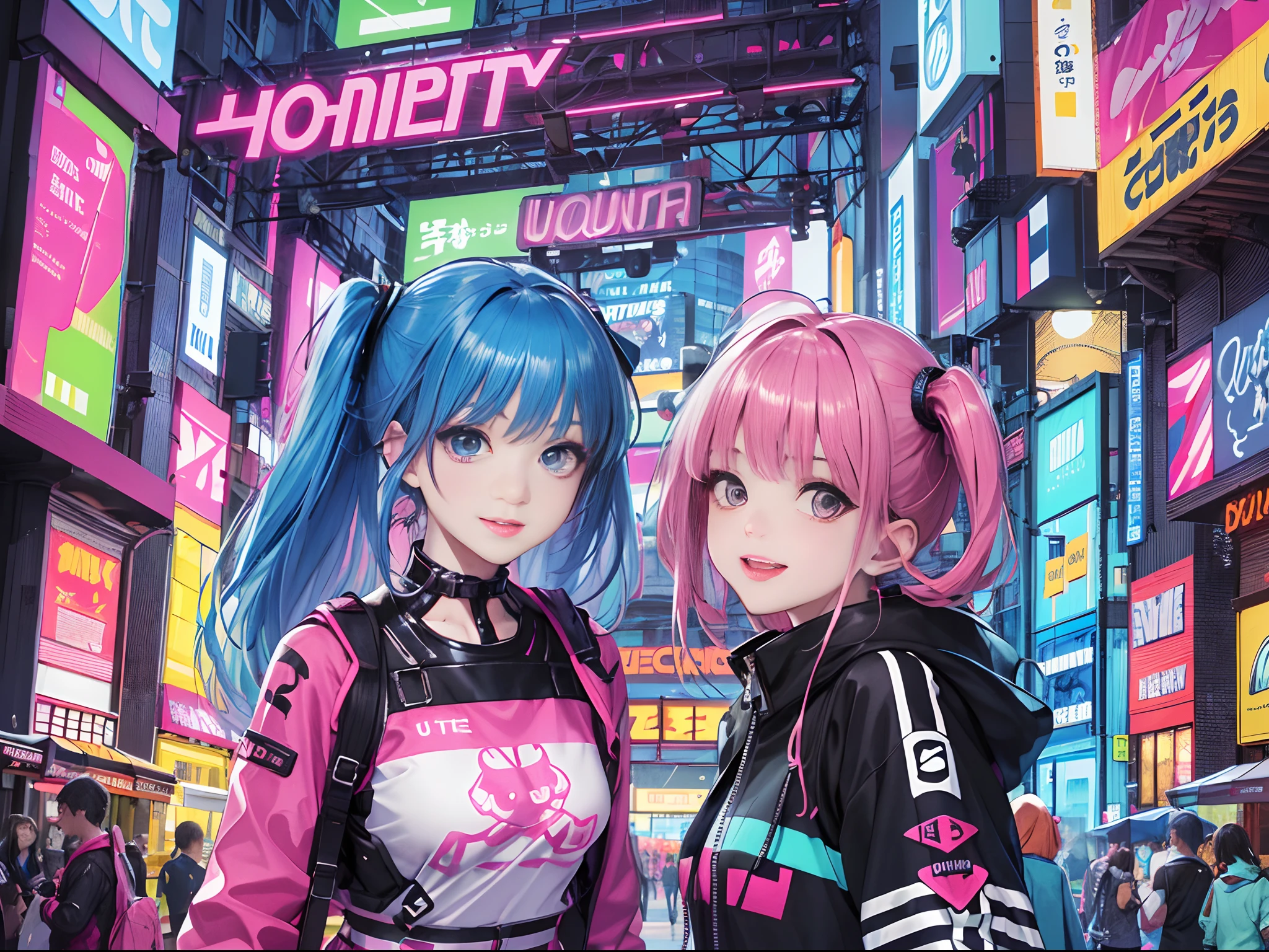 An anime illustration of 2 happy cyberpunk girls, confident cyberpunk girls with smiling expression, ((Harajuku-inspired pop outfit and tech jacket)), bold colors and patterns, eye-catching accessories, trendy and innovative hairstyle, vibrant makeup, ((dynamic pose)), futuristic dazzling Cyberpunk cityscape, skyscrapers, neon signs, glowing LED lights, bright and vivid color scheme, anime, illustration, (beautiful detailed face), intricate details, ultra detailed.