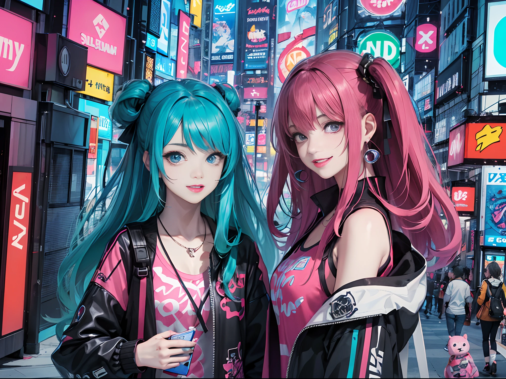 An anime illustration of 2 happy cyberpunk girls, confident cyberpunk girls with smiling expression, ((Harajuku-inspired pop outfit and tech jacket)), bold colors and patterns, eye-catching accessories, trendy and innovative hairstyle, vibrant makeup, ((dynamic pose)), futuristic dazzling Cyberpunk cityscape, skyscrapers, neon signs, glowing LED lights, bright and vivid color scheme, anime, illustration, (beautiful detailed face), intricate details, ultra detailed.